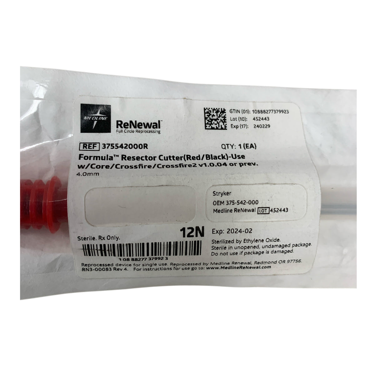 STRYKER REPROCESSED 375542000R MEDLINE RENEWAL Formula Resector Cutter Red/Black Exp 2024 02