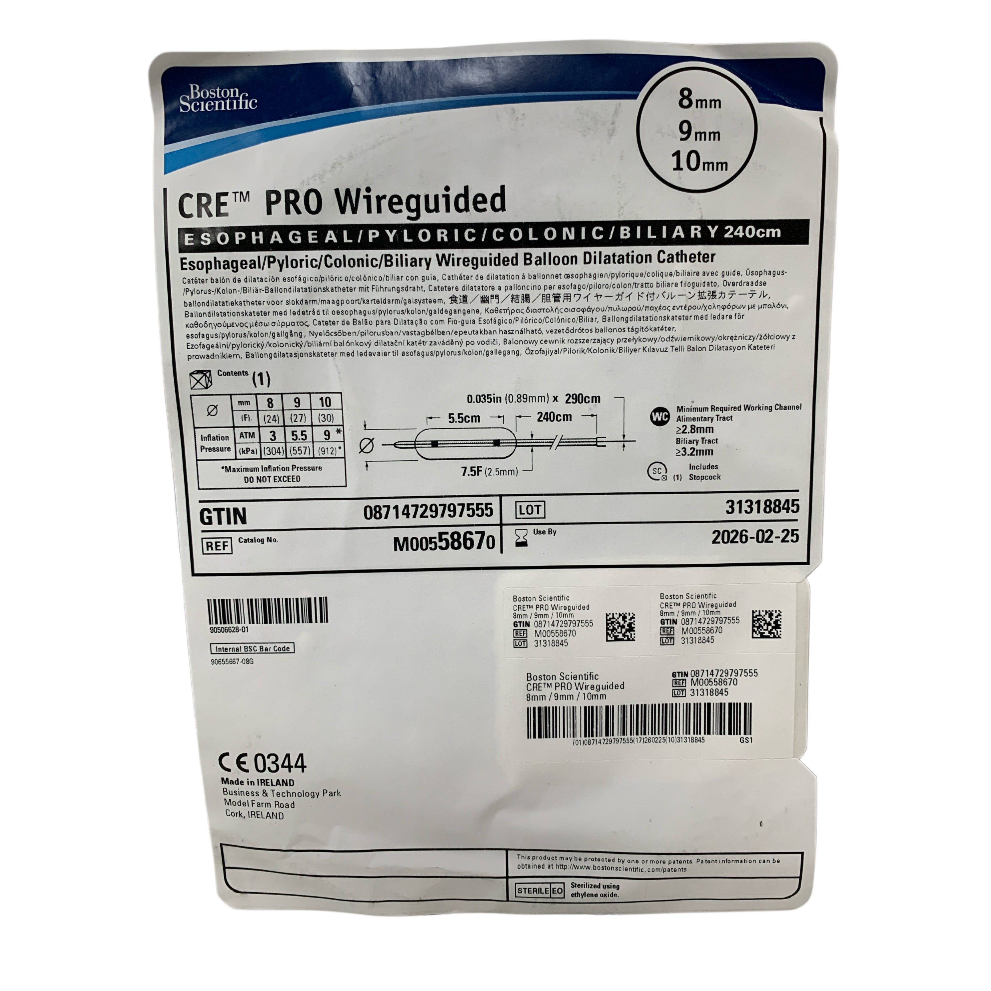 BOSTON SCIENTIFIC REF M00558670 CRE PRO Wireguided Esophageal Pyloric Colonic Biliary Balloon Dilatation Catheter 240cm Exp 2026 02