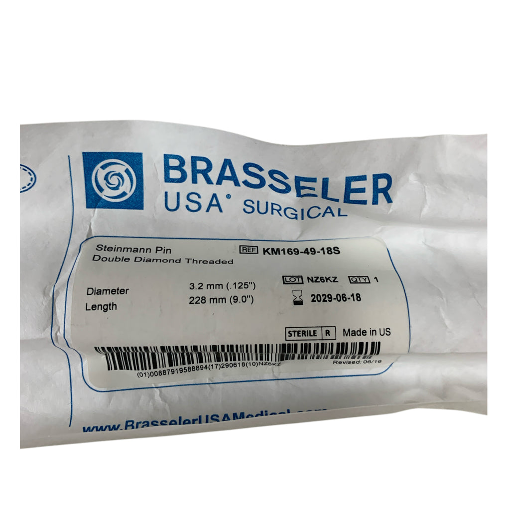 BRASSELER USA KM169-49-18S Steinmann Pin Double Diamond Threaded 3.2 mm .125" 228 mm 9.0" Exp 2029 06