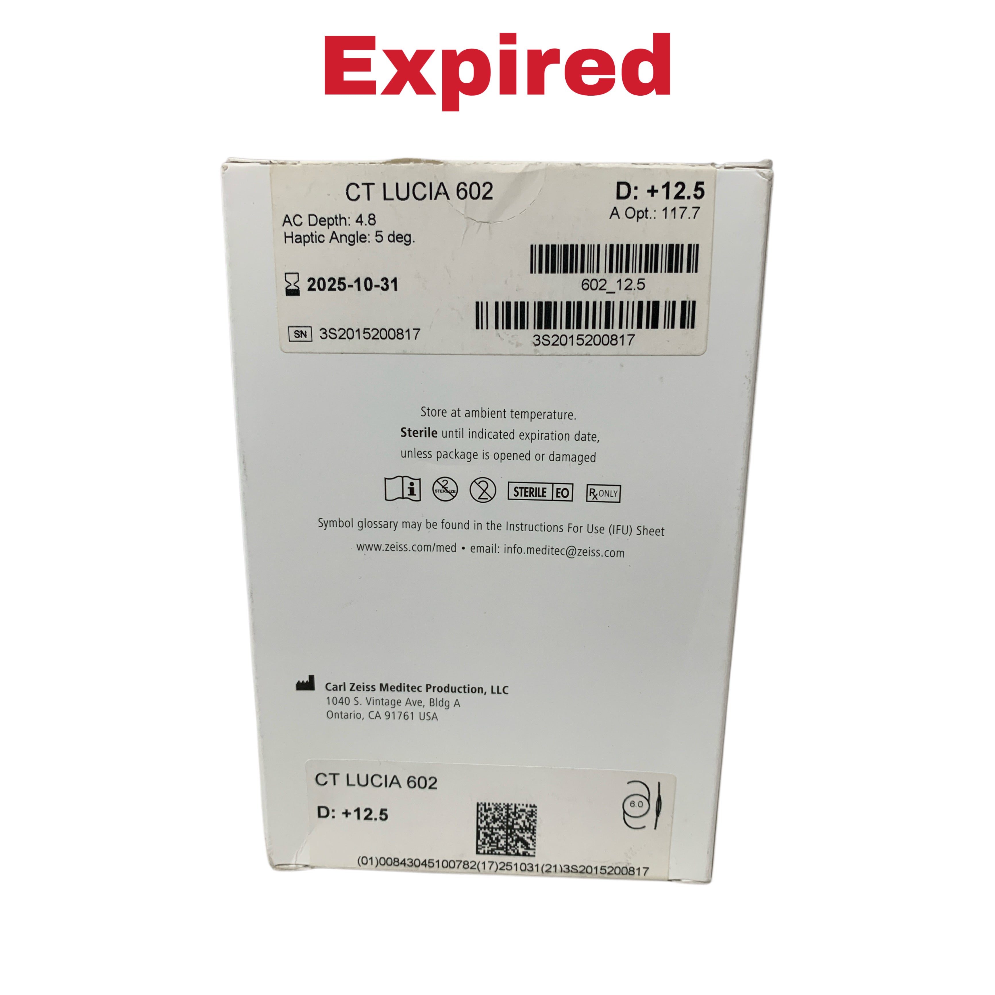 ZEISS REF CT LUCIA 602 Hydrophobic Intraocular Lens IOL +12.5 D, Exp.2025/10