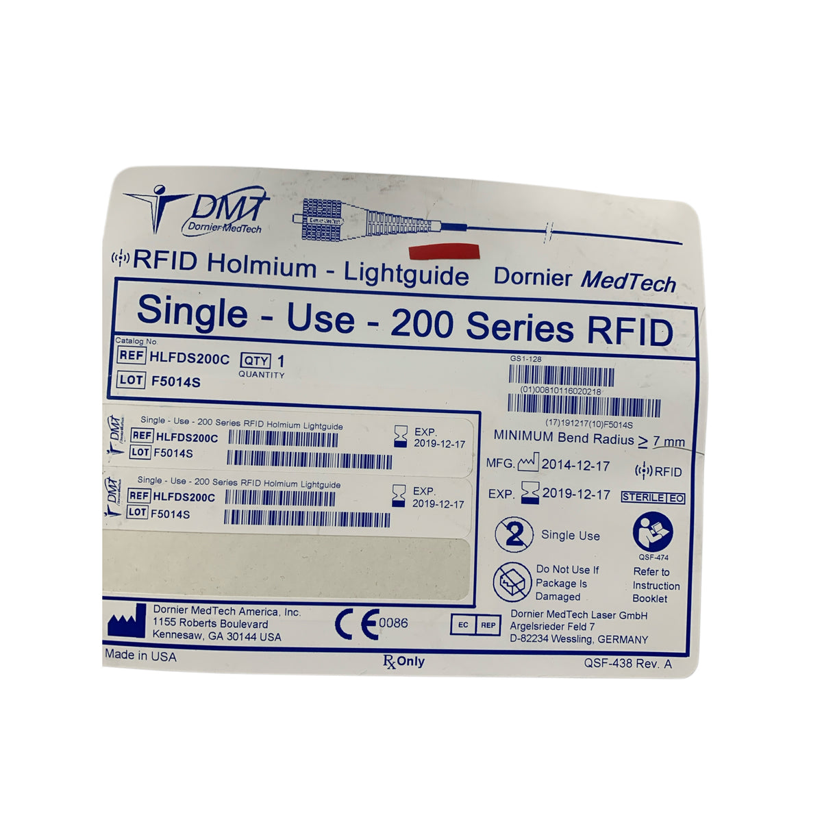 OLYMPUS HLFDS200C Dornier MedTech RFID Holmium Lightguide 200 Series Single Use Exp 2019 12