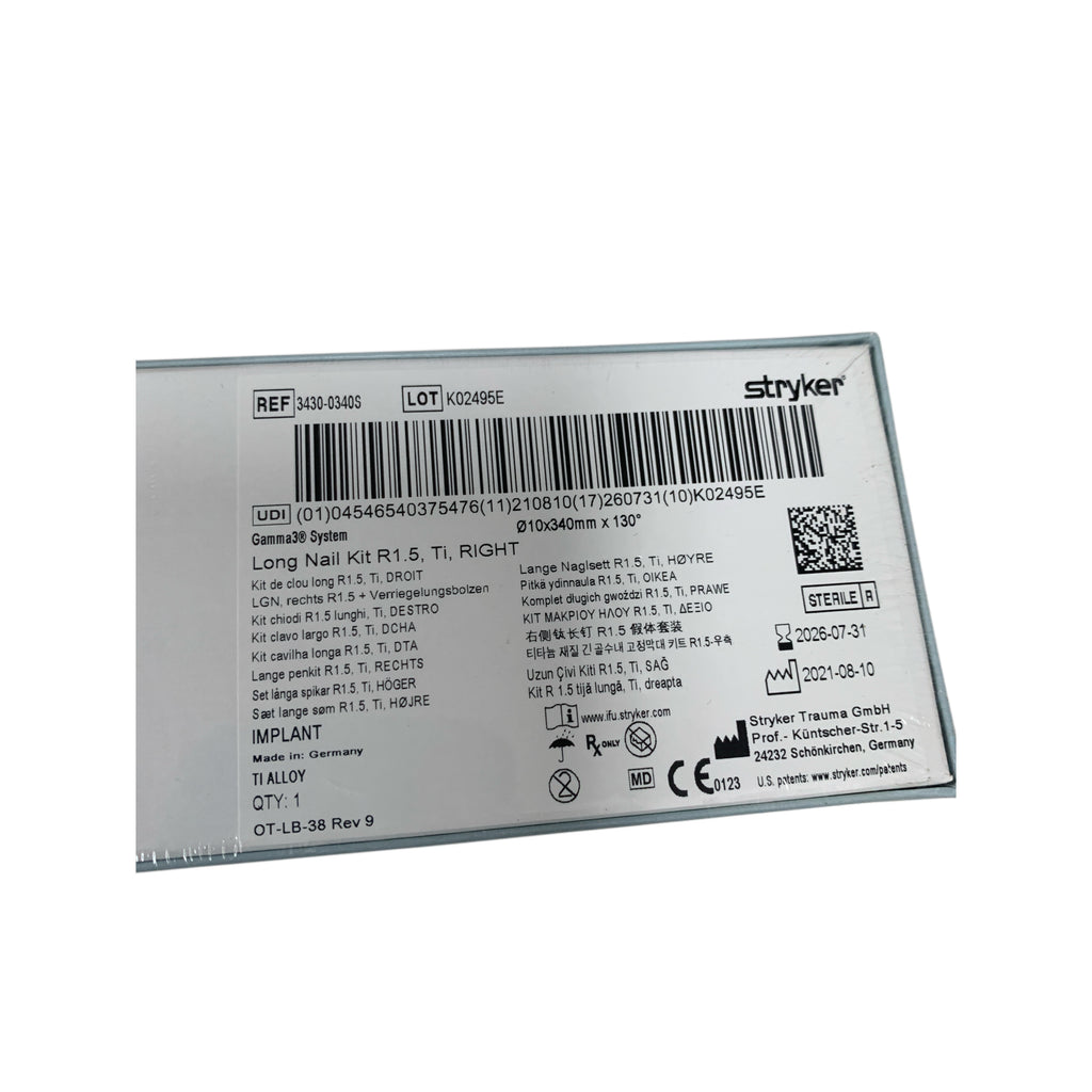 STRYKER 3430-0340S Gamma3 System Long Nail Kit R1.5 Ti RIGHT 10x340mm x 130 Exp 2026 07