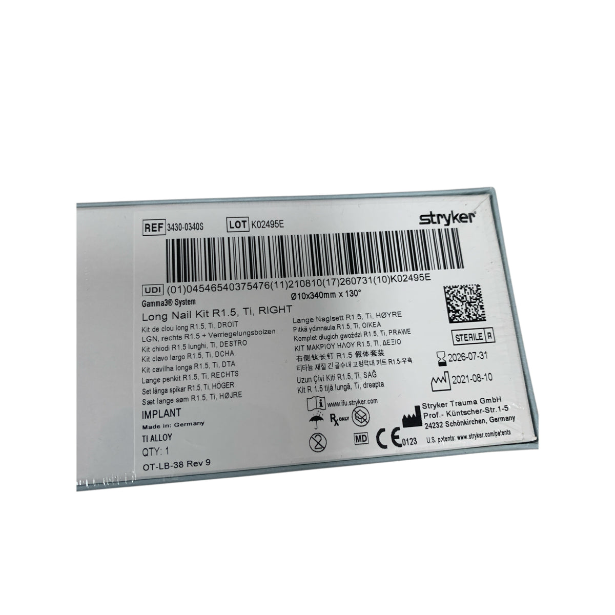 STRYKER 3430-0340S Gamma3 System Long Nail Kit R1.5 Ti RIGHT 10x340mm x 130 Exp 2026 07