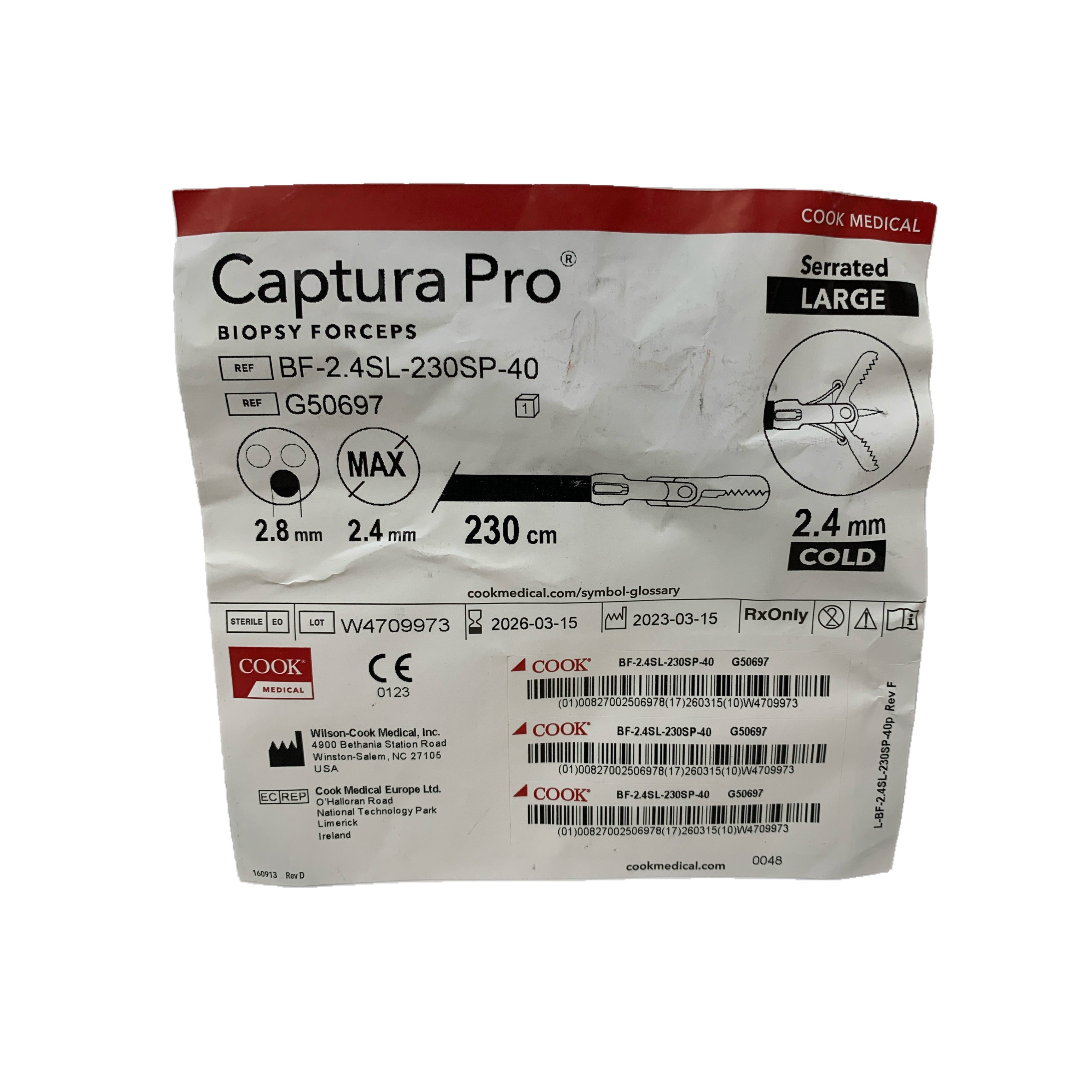 COOK MEDICAL BF-2.4SL-230SP-40 / G50697 Captura Pro Biopsy Forceps Serrated Large Cold 2.4 mm 230 cm Exp 2026 03