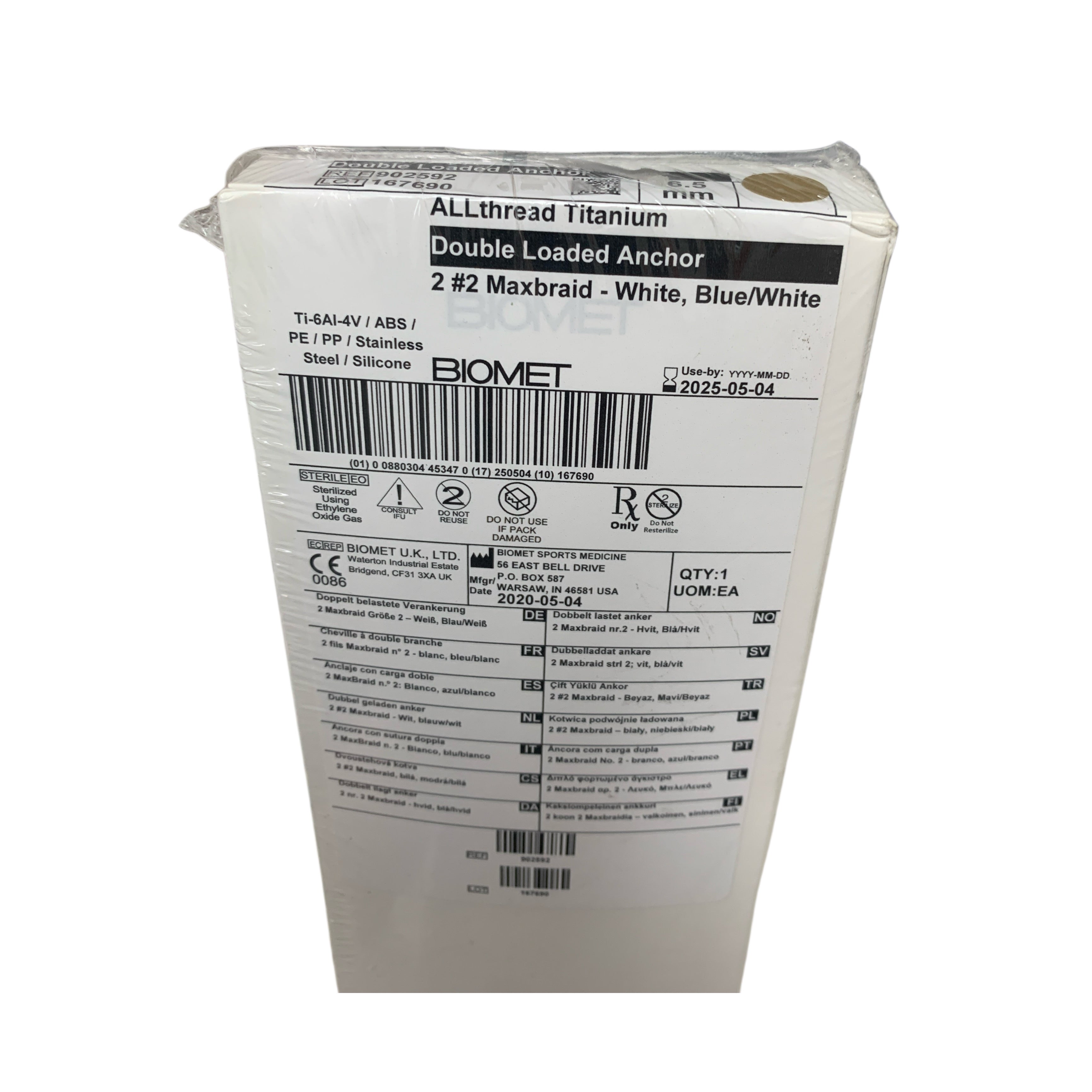 BIOMET REF 902592 ALLthread Titanium Double Loaded Anchor 2 Maxbraid 6.5 mm Exp 2025 05