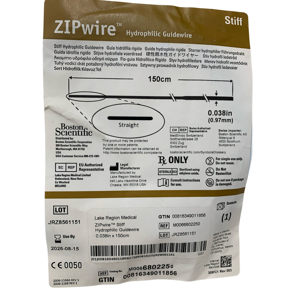 BOSTON SCIENTIFIC M0066802250 ZIPwire Stiff Hydrophilic Guidewire Straight 0.038in x 150cm Exp 2026 08