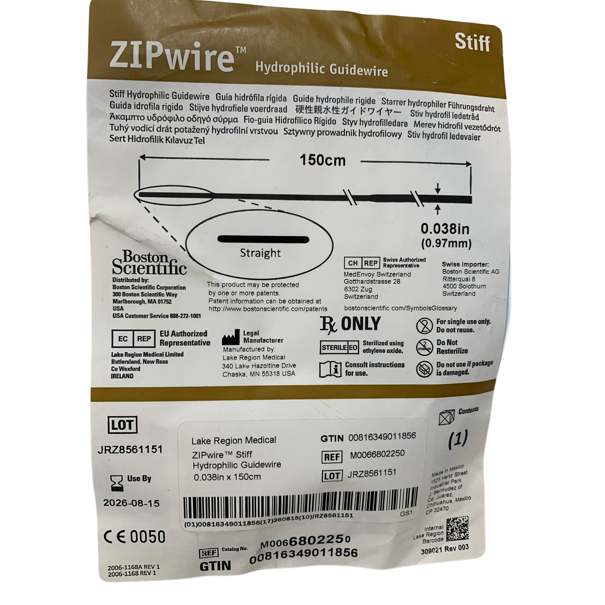BOSTON SCIENTIFIC M0066802250 ZIPwire Stiff Hydrophilic Guidewire Straight 0.038in x 150cm Exp 2026 08