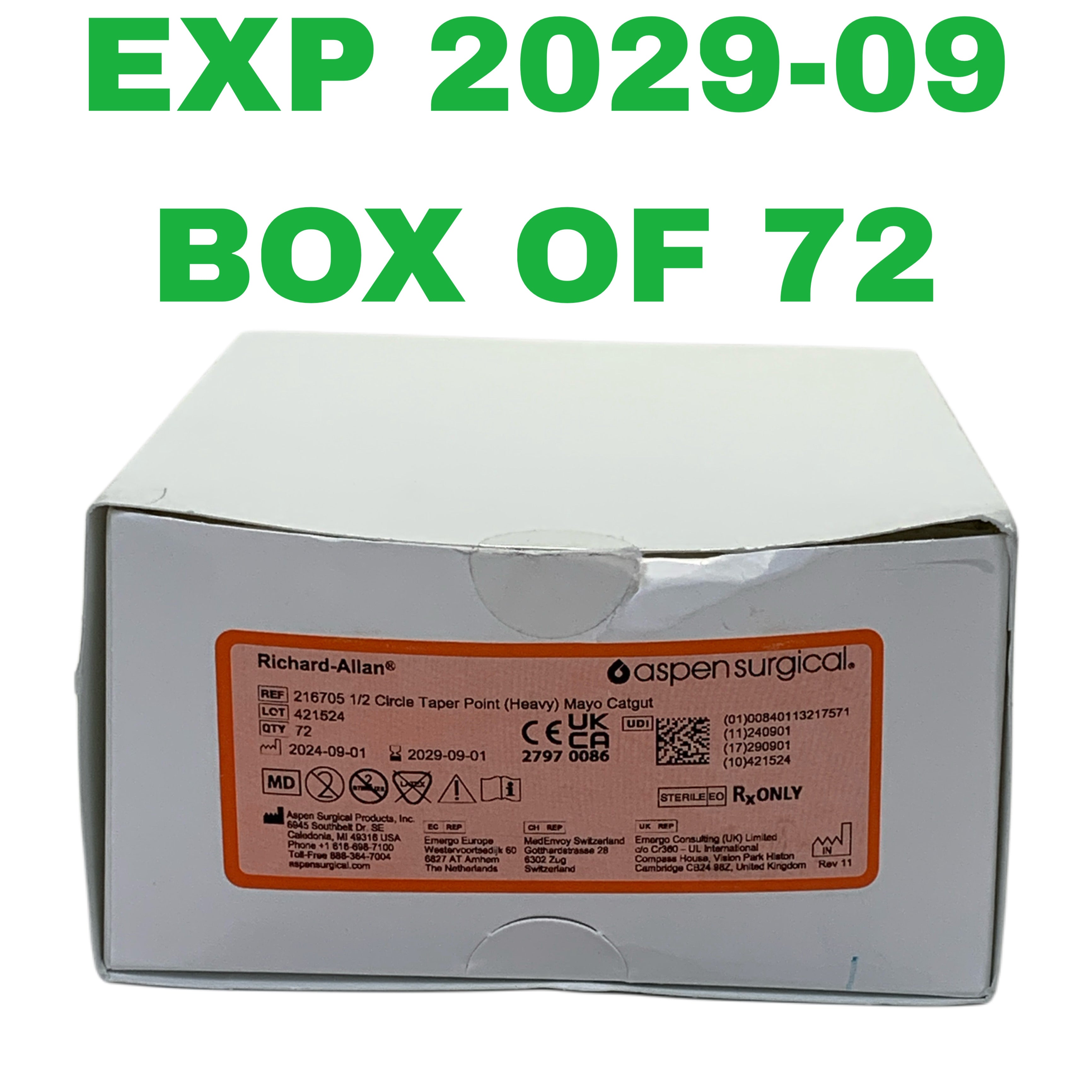 ASPEN SURGICAL REF 216705 Richard-Allan 1/2 Circle Taper Point Heavy Mayo Catgut Sutures Box of 72, EXP.2029/09