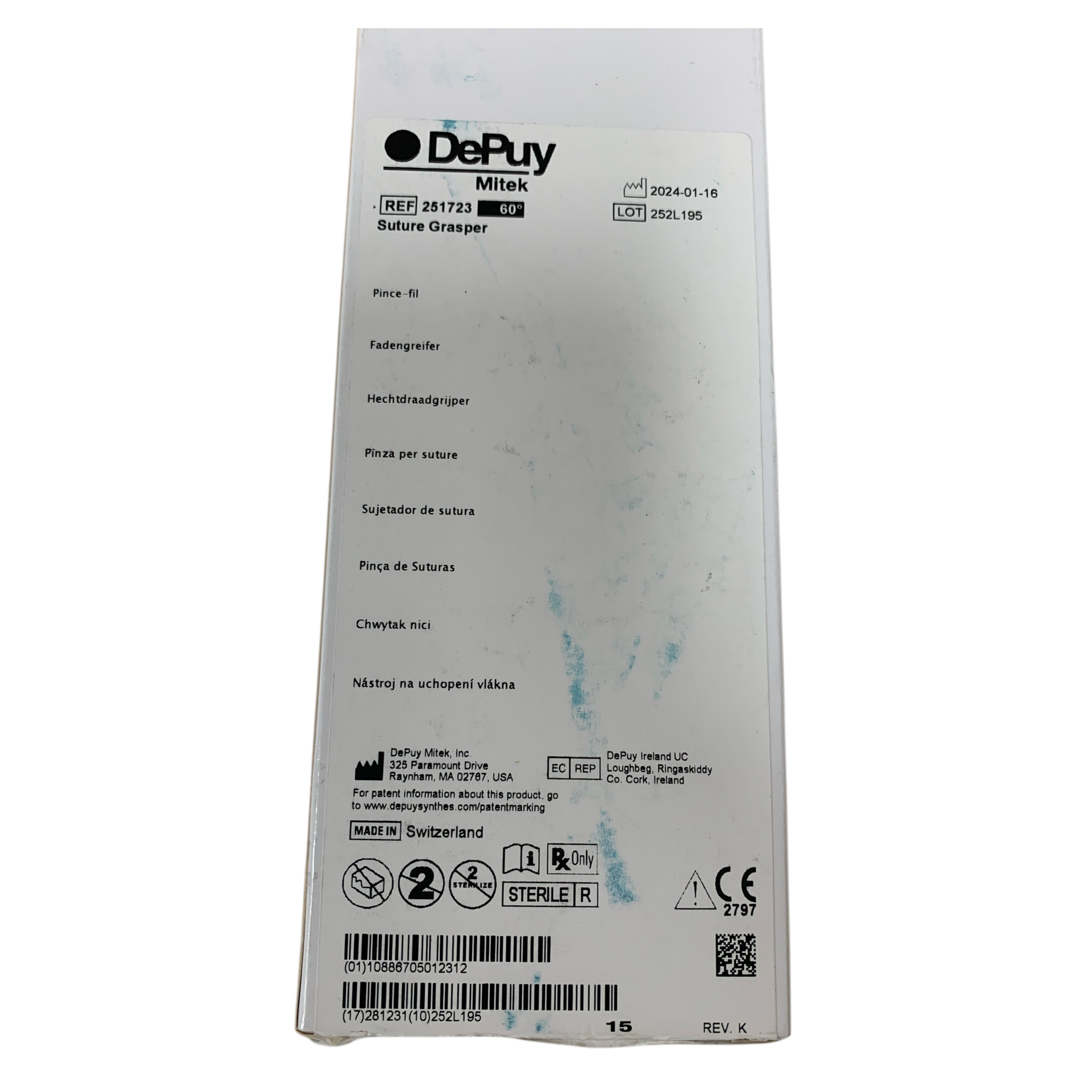 DEPUY MITEK REF 251723 Suture Grasper 60 Degree Angled Exp 2028 12