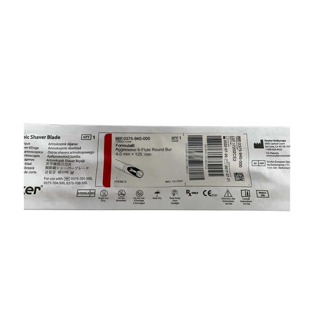 STRYKER REF 0375-940-000 Formula Aggressive 6 Flute Round Bur 4.0mm x 125mm Exp 2022 07