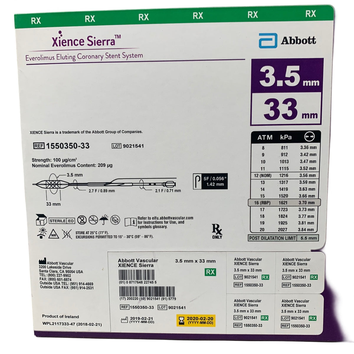 ABBOTT 1550350-33 Xience Sierra Everolimus Eluting Coronary Stent System 3.5 x 33 mm Exp 2020 02