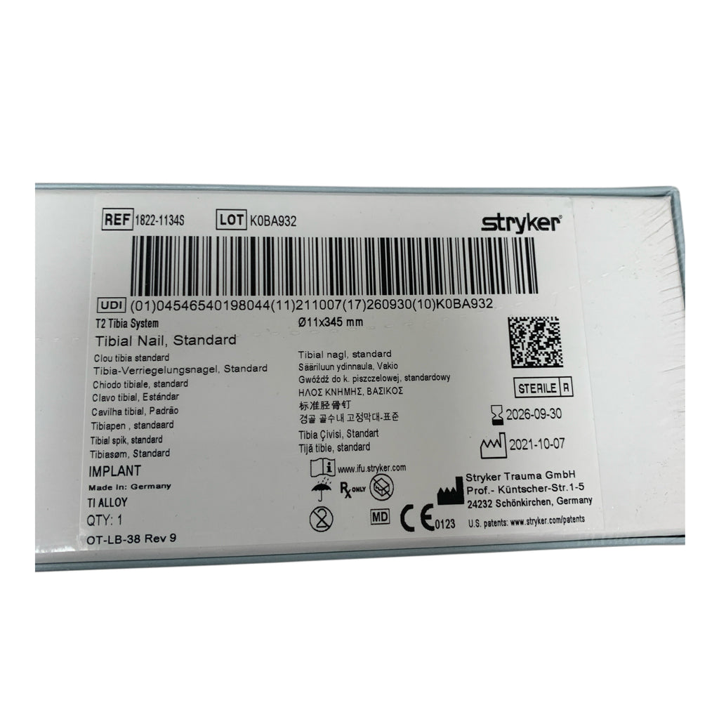STRYKER REF 1822-1134S T2 Tibia System Tibial Nail Standard 11x345 mm TI Alloy, Exp.2026/09