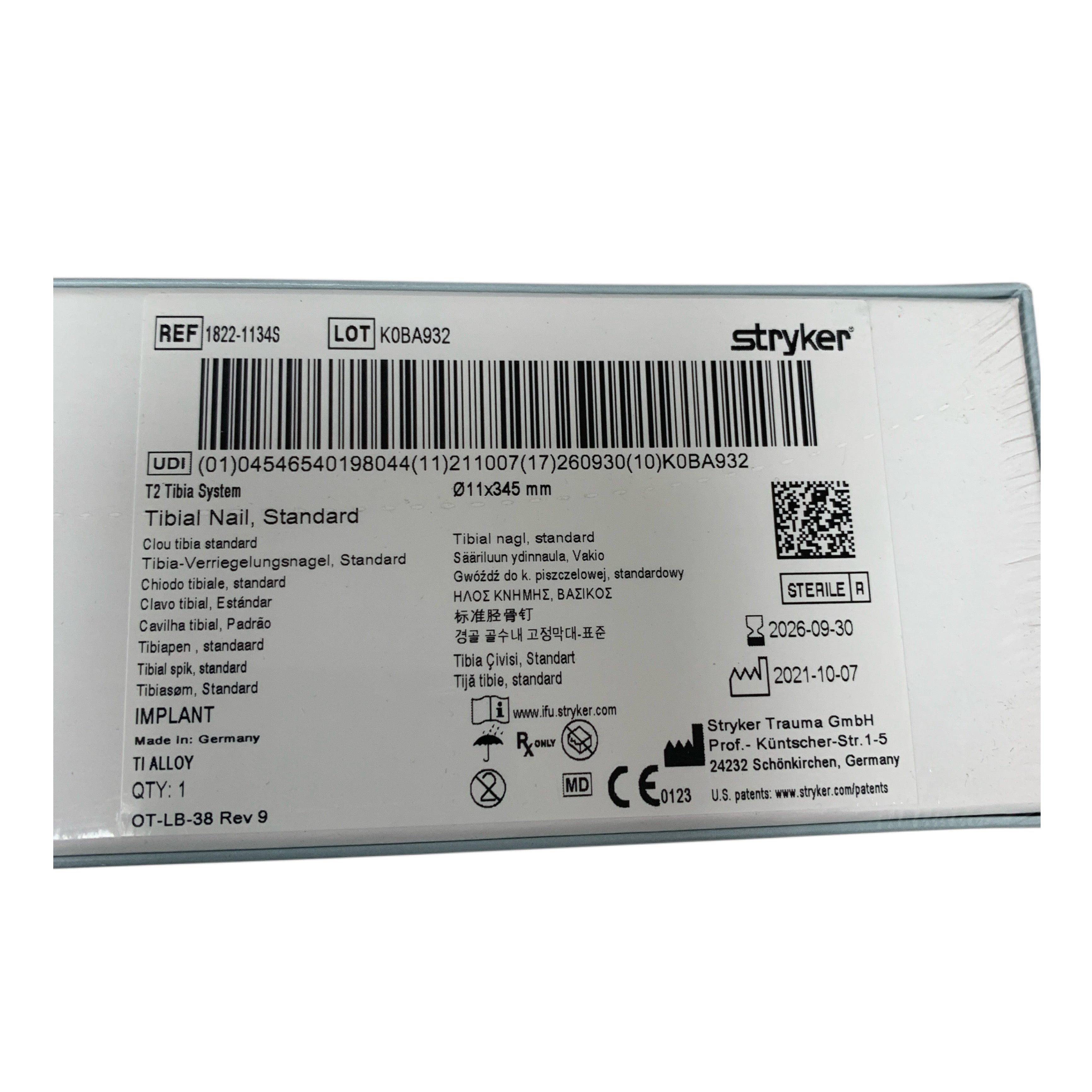 STRYKER REF 1822-1134S T2 Tibia System Tibial Nail Standard 11x345 mm TI Alloy, Exp.2026/09