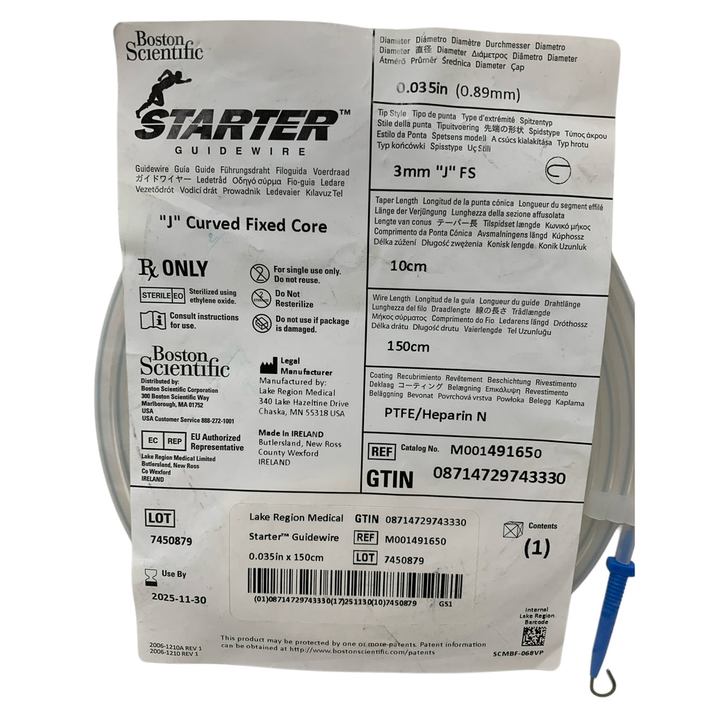 BOSTON SCIENTIFIC REF M001491650 STARTER Guidewire 0.035in x 150cm J Curved Fixed Core, Exp.2025/11