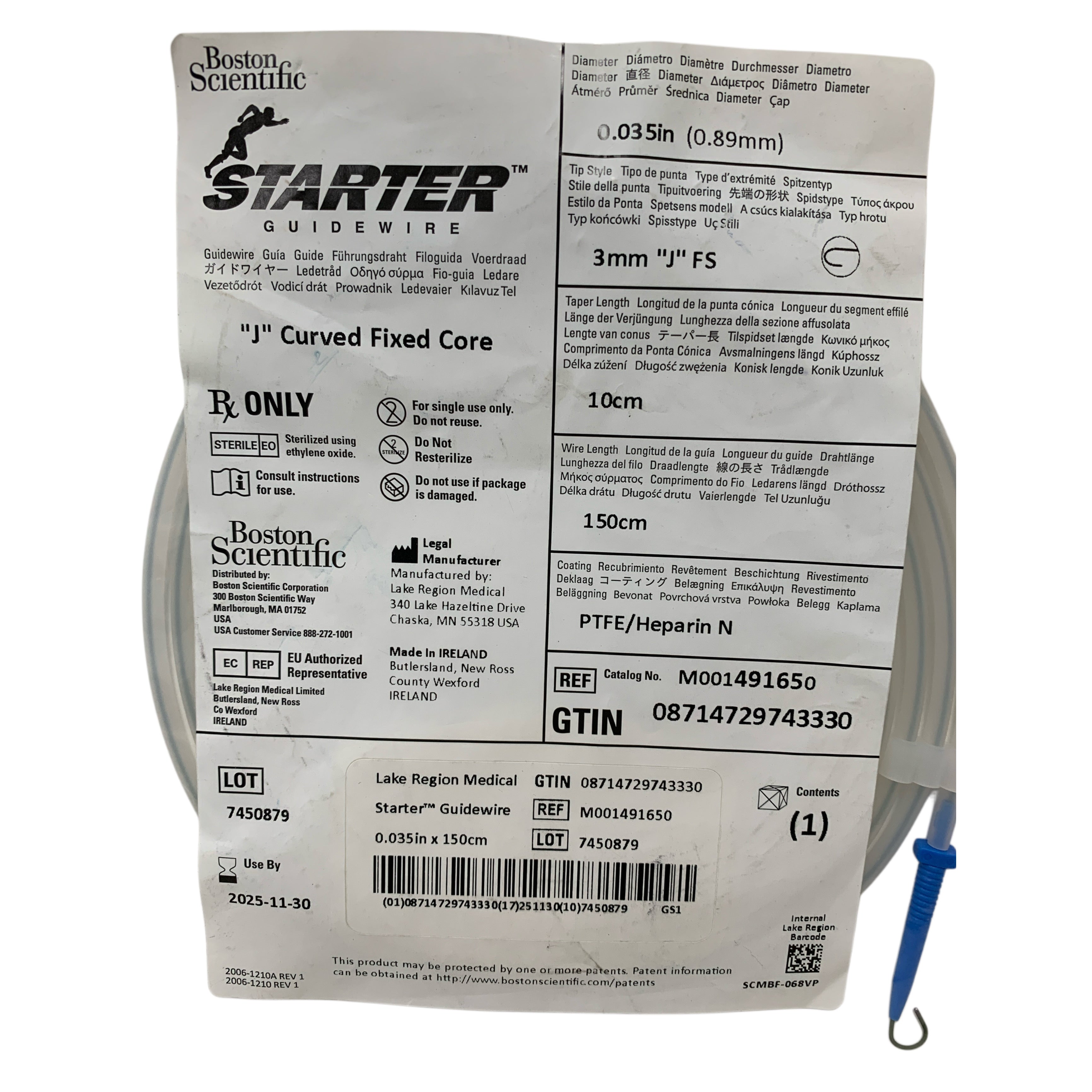 BOSTON SCIENTIFIC REF M001491650 STARTER Guidewire 0.035in x 150cm J Curved Fixed Core, Exp.2025/11
