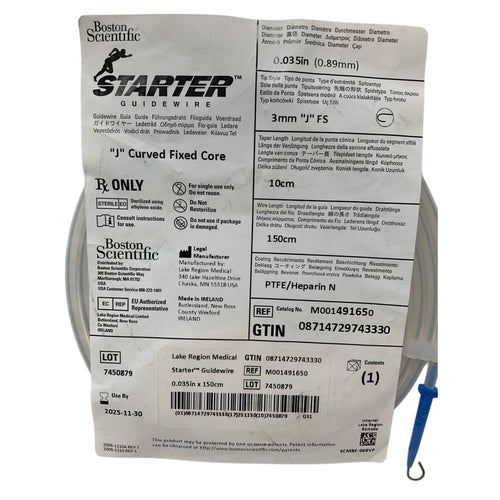 BOSTON SCIENTIFIC REF M001491650 STARTER Guidewire 0.035in x 150cm J Curved Fixed Core, Exp.2025/11