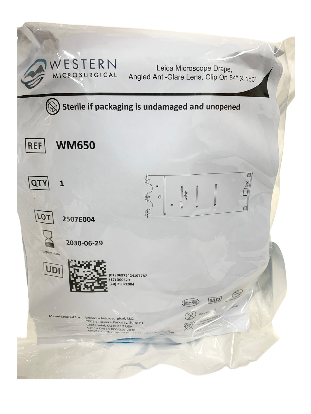 WESTERN MICROSURGICAL REF WM650 Leica Microscope Drape, Angled Anti-Glare Lens, Clip On 54" x 150", Exp.2030/06
