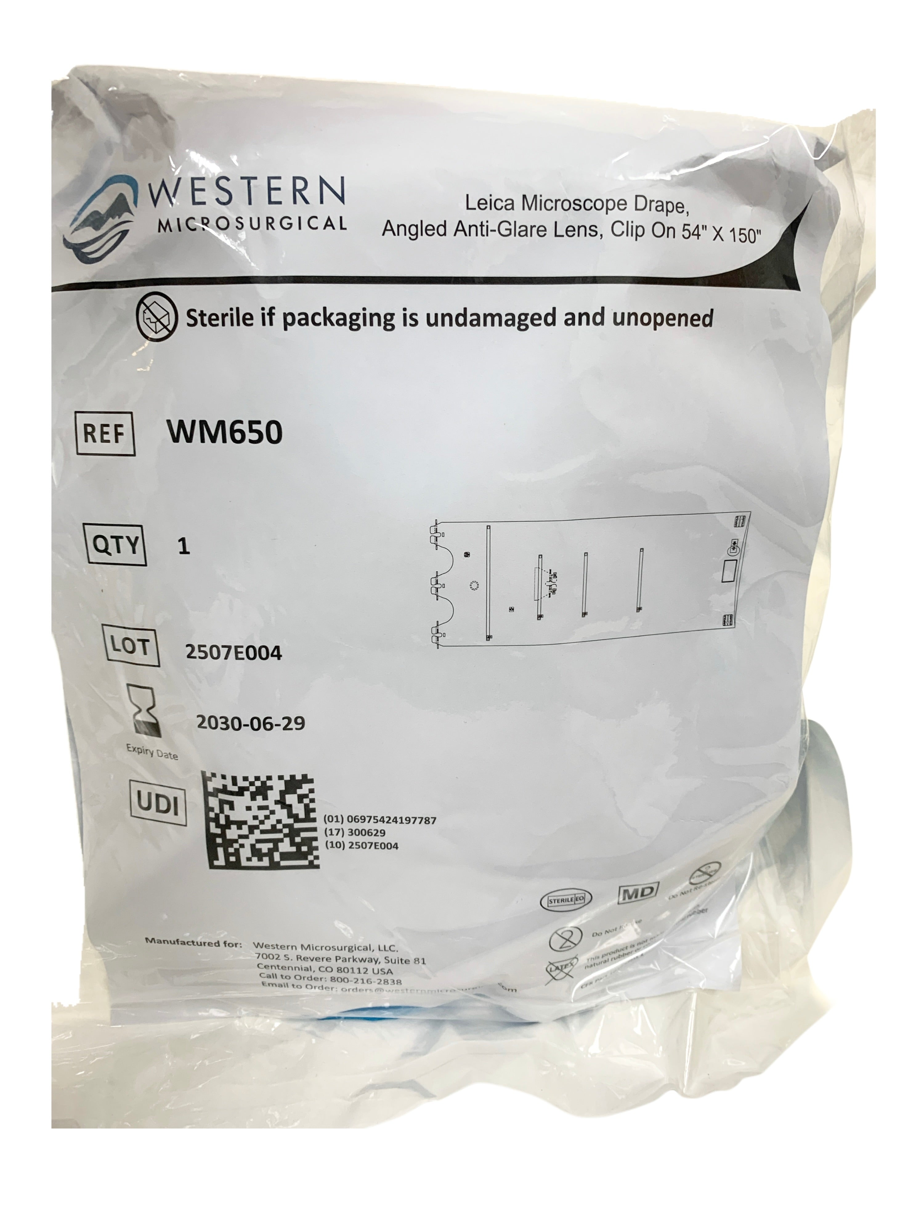 WESTERN MICROSURGICAL REF WM650 Leica Microscope Drape, Angled Anti-Glare Lens, Clip On 54" x 150", Exp.2030/06