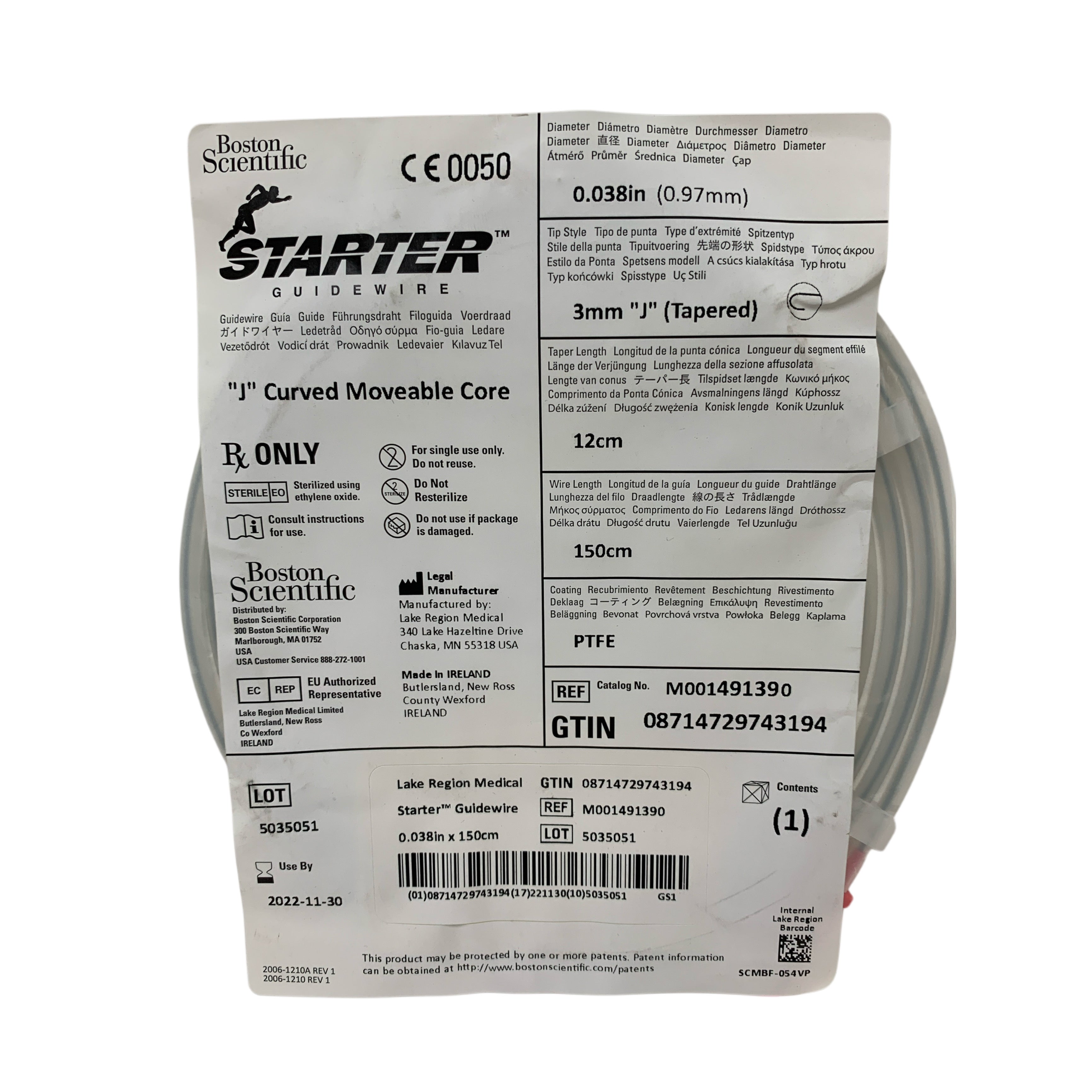 BOSTON SCIENTIFIC REF M001491390 Starter Guidewire 0.038in x 150cm 3mm "J" Curved Moveable Core, Exp.2022/11