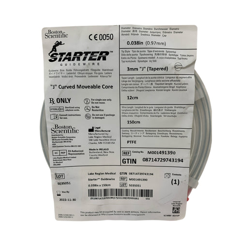BOSTON SCIENTIFIC REF M001491390 Starter Guidewire 0.038in x 150cm 3mm "J" Curved Moveable Core, Exp.2022/11