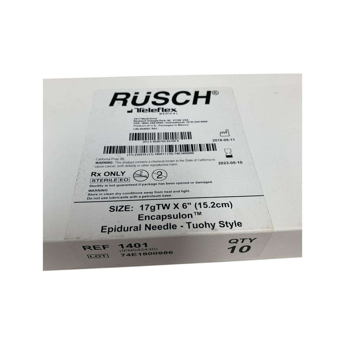 TELEFLEX 1401 Rusch Encapsulon Epidural Needle Tuohy Style Size 17gTW X 6" (15.2cm) Box Of 10 Exp 2023 05