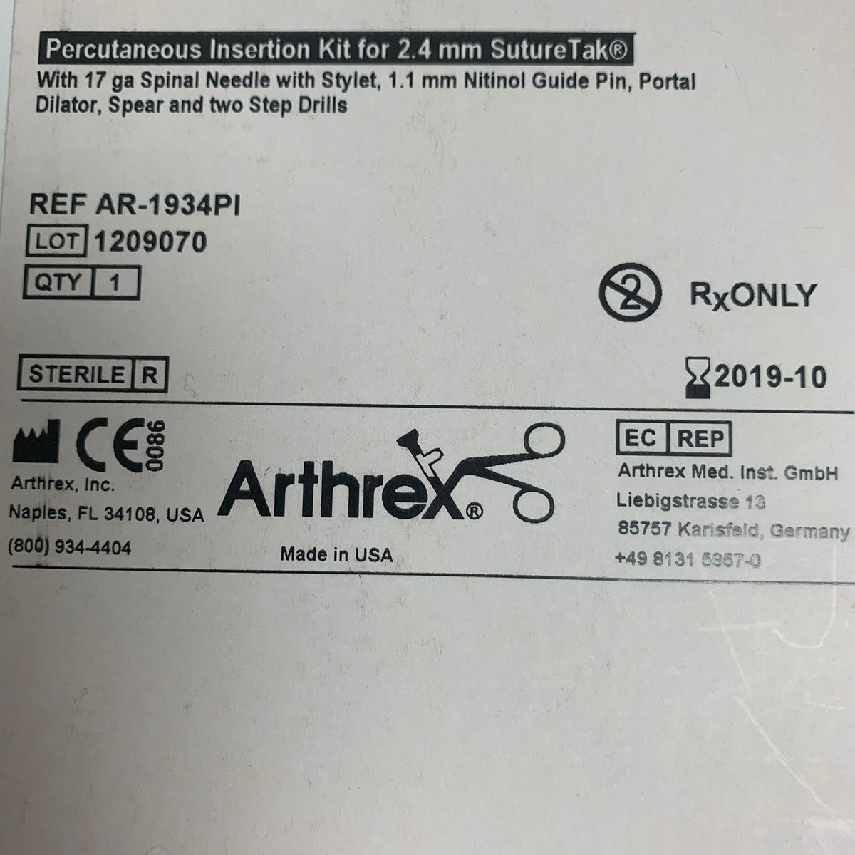 ARTHREX AR-1934PI Percutaneous Insertion Kit for 2.4mm SutureTak, EXP 2019-10