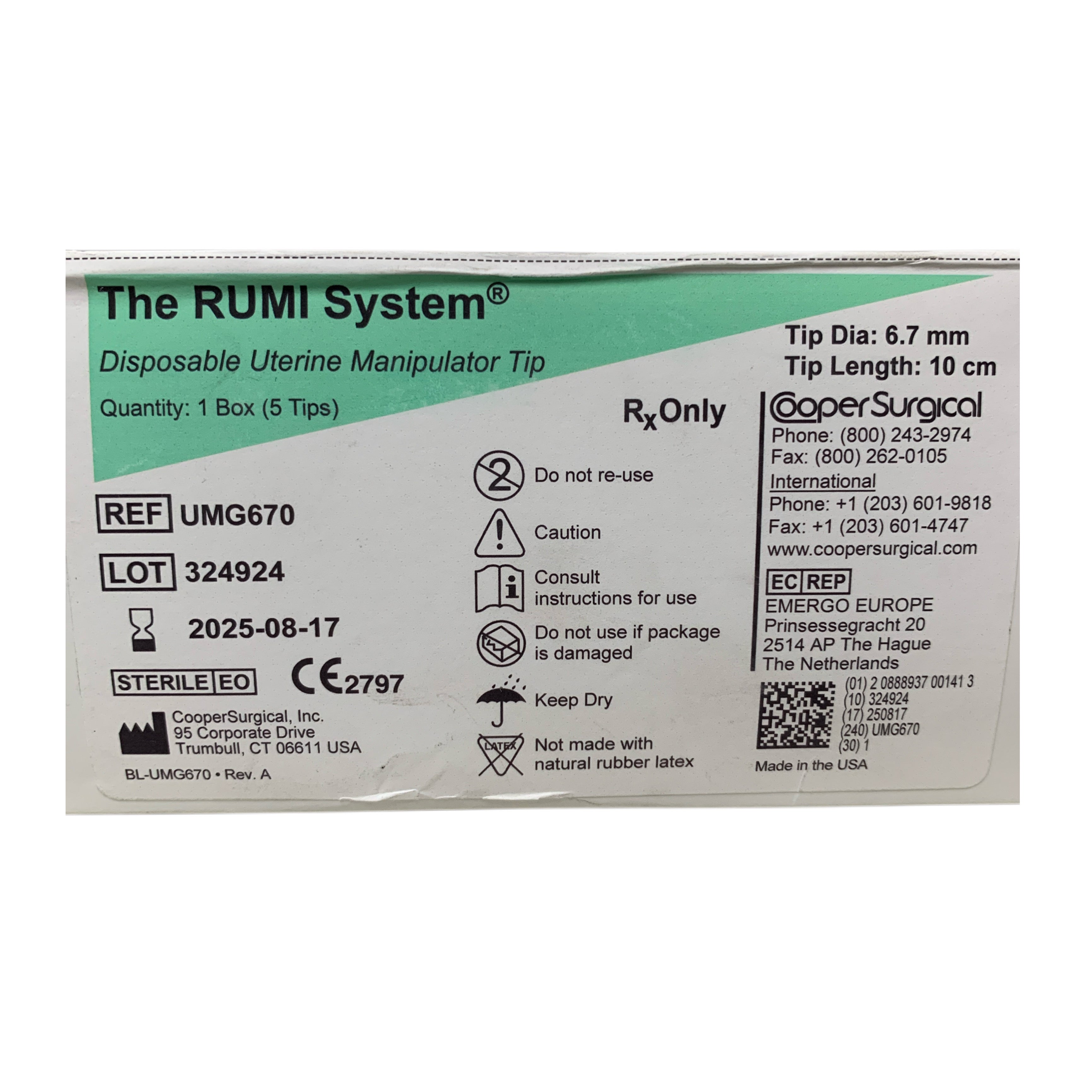 COOPER SURGICAL REF UMG670 The RUMI System Disposable Uterine Manipulator Tip 6.7mm x 10cm Box of 5, Exp.2025/08