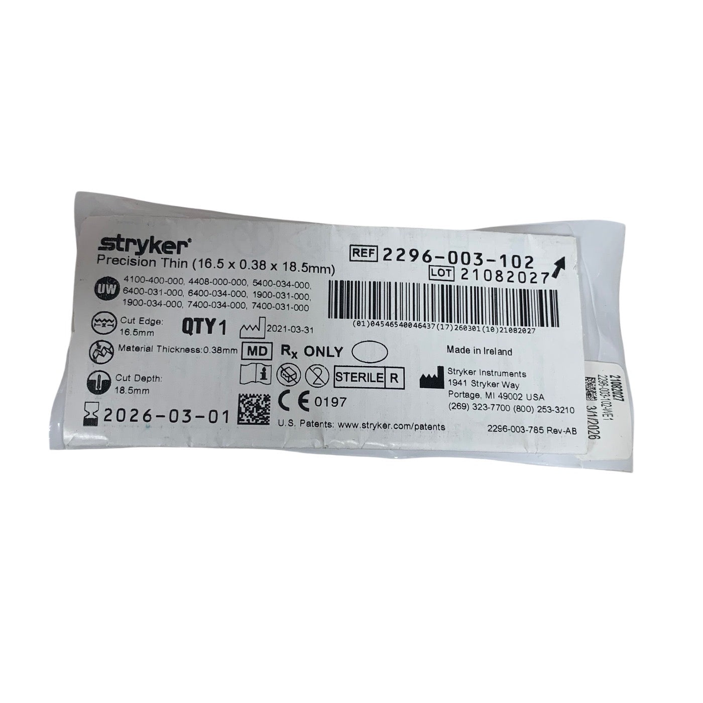 STRYKER 2296-003-102 Precision Thin 16.5 x 0.38 x 18.5mm Exp 2026 03