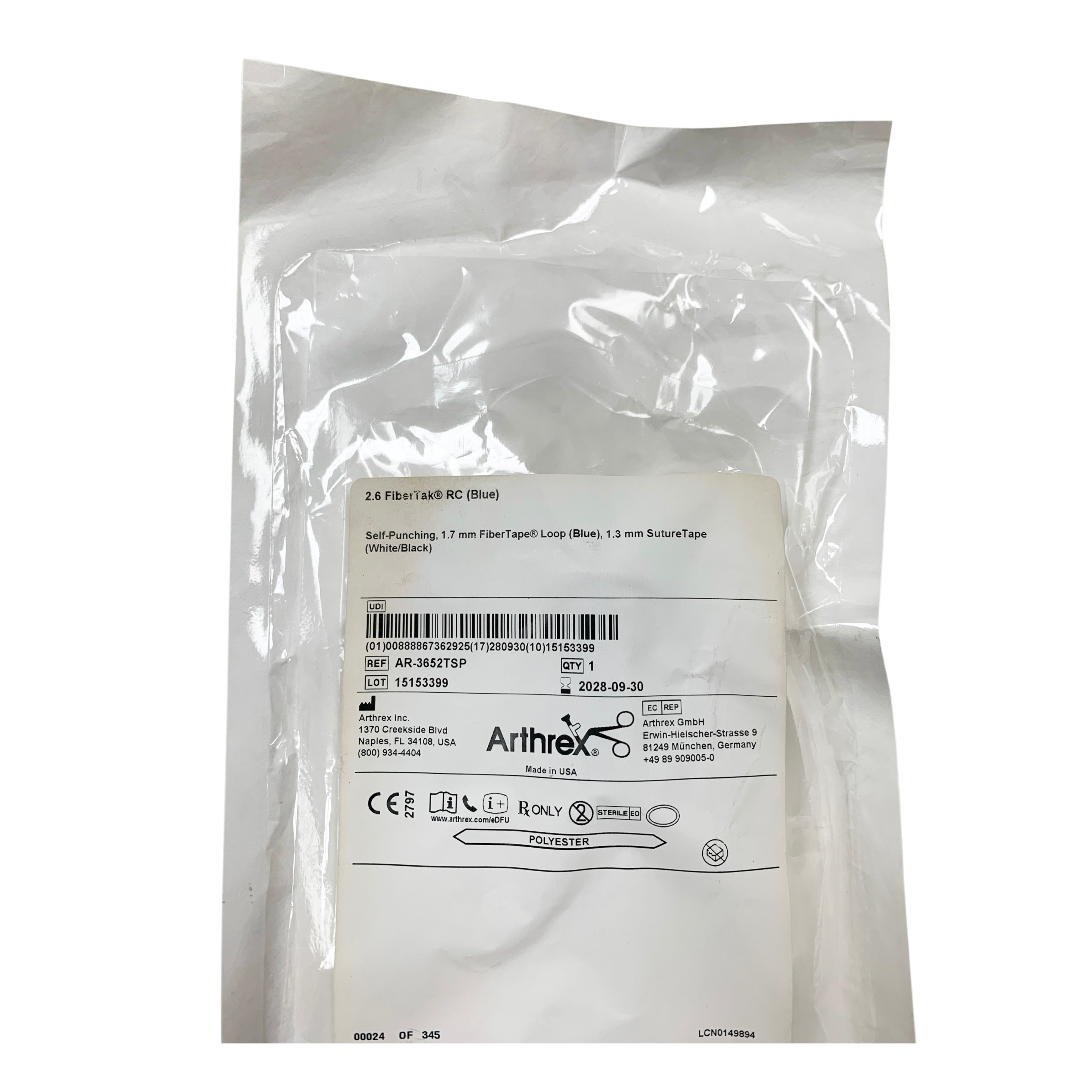 ARTHREX AR-3652TSP 2.6 FiberTak RC Blue Self-Punching 1.7 mm FiberTape Loop 1.3 mm SutureTape, Exp.2028/09