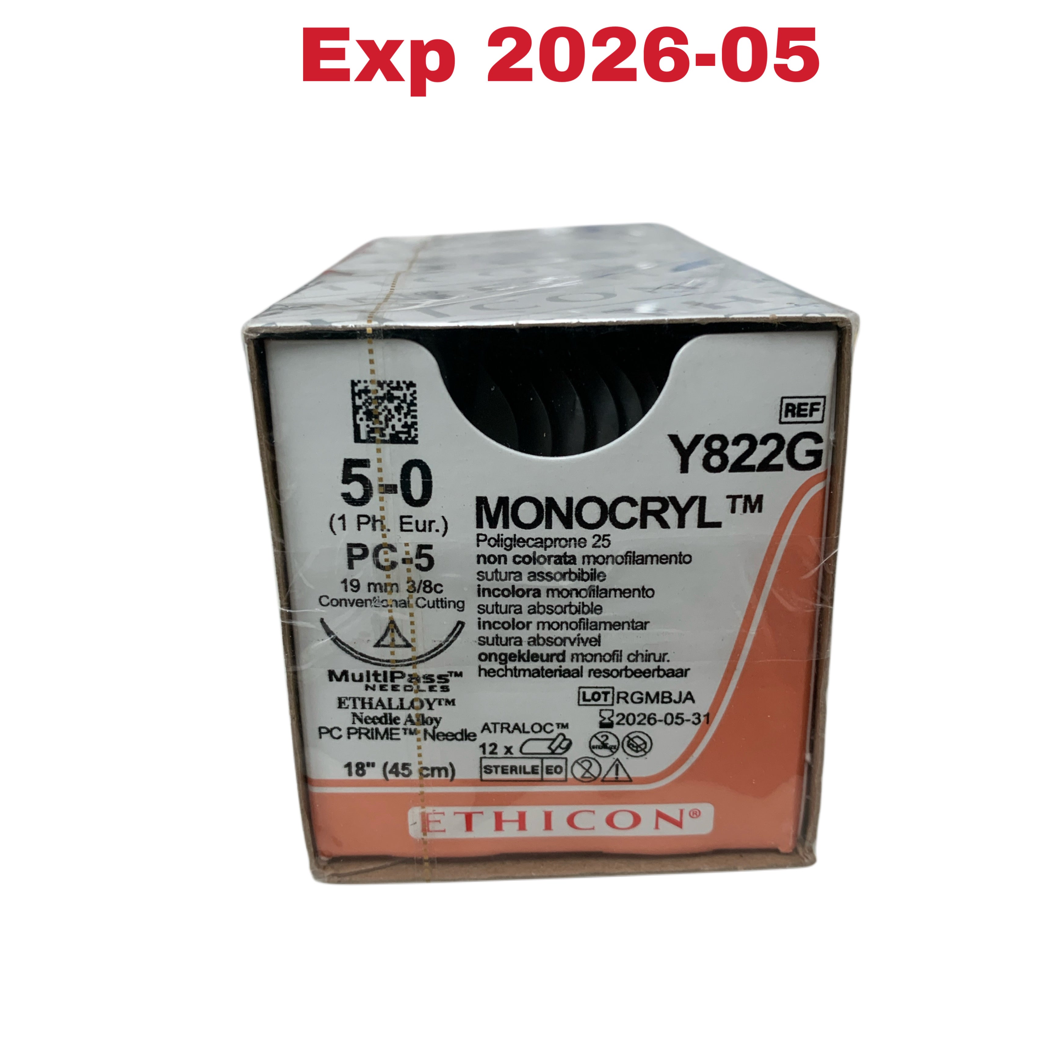 ETHICON REF Y822G Monocryl Suture 5-0 PC-5 19mm 3/8c 18" (45cm) Box of 12, Exp.2026/05