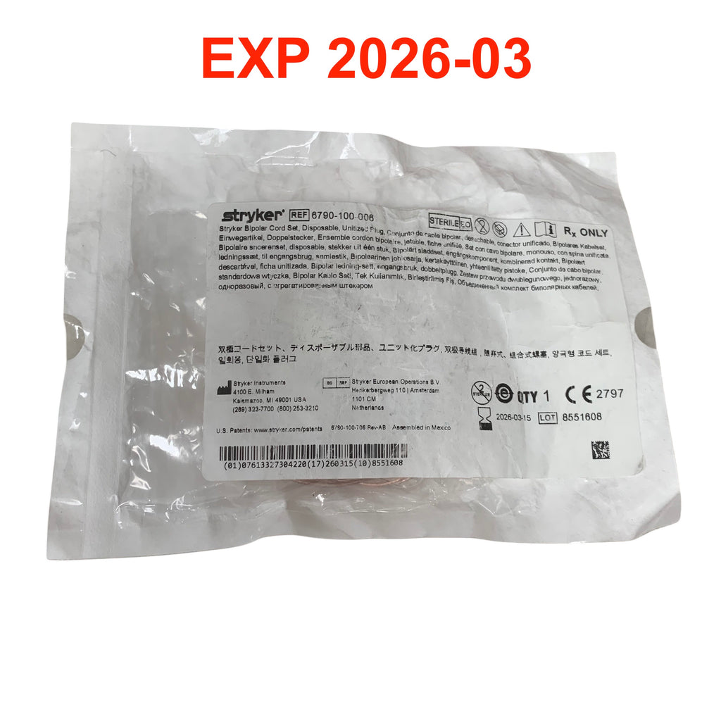 STRYKER 6790-100-006 Bipolar Cord Set Disposable Unitized Plug EXP 2026 03