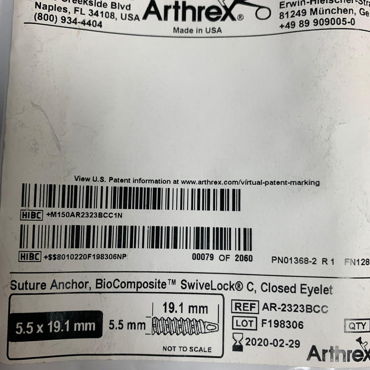 ARTHREX AR-2323BCC BioComposite SwiveLock C Suture Anchor 5.5 x 19.1mm, EXP 2020-02