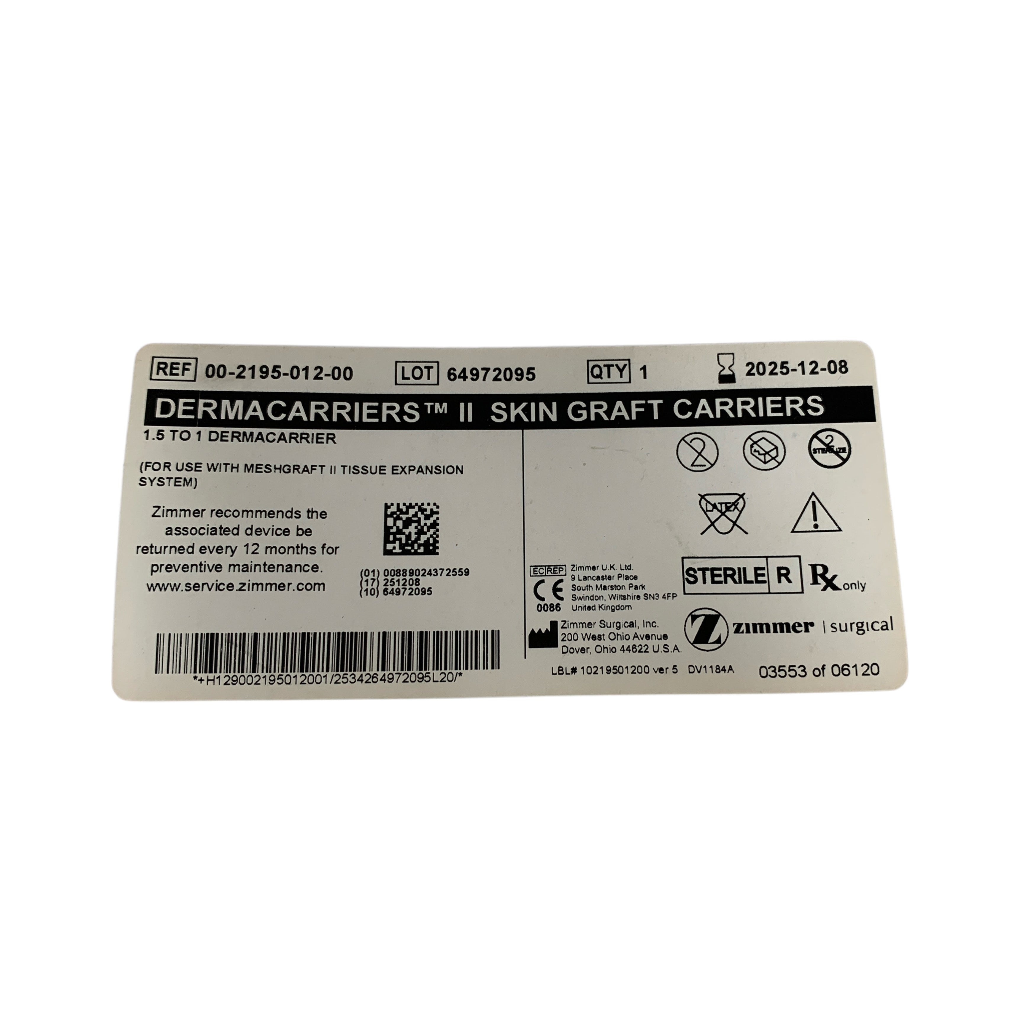 ZIMMER REF 00-2195-012-00 Dermacarriers II Skin Graft Carrier 1.5 to 1, Exp.2025/12