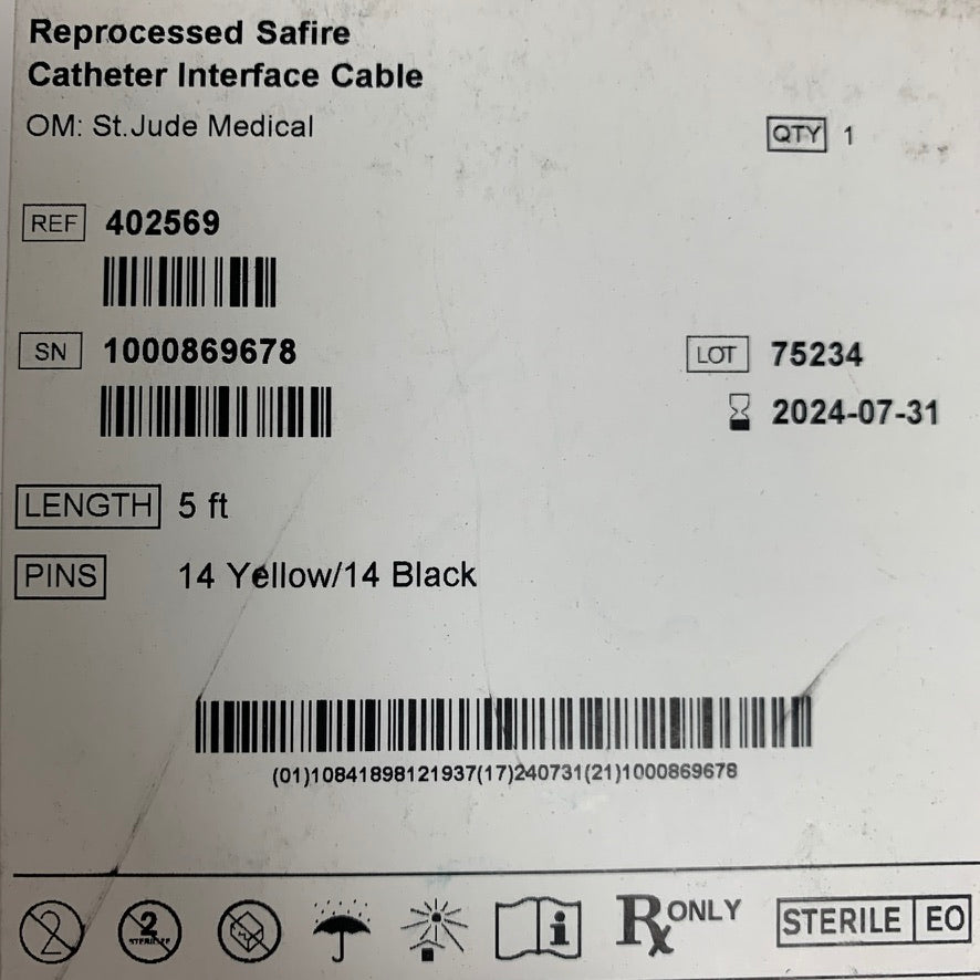 ST JUDE MEDICAL 402569 Safire Catheter Interface Cable 5ft (Reprocess By Innovative Health) EXP 2024 07