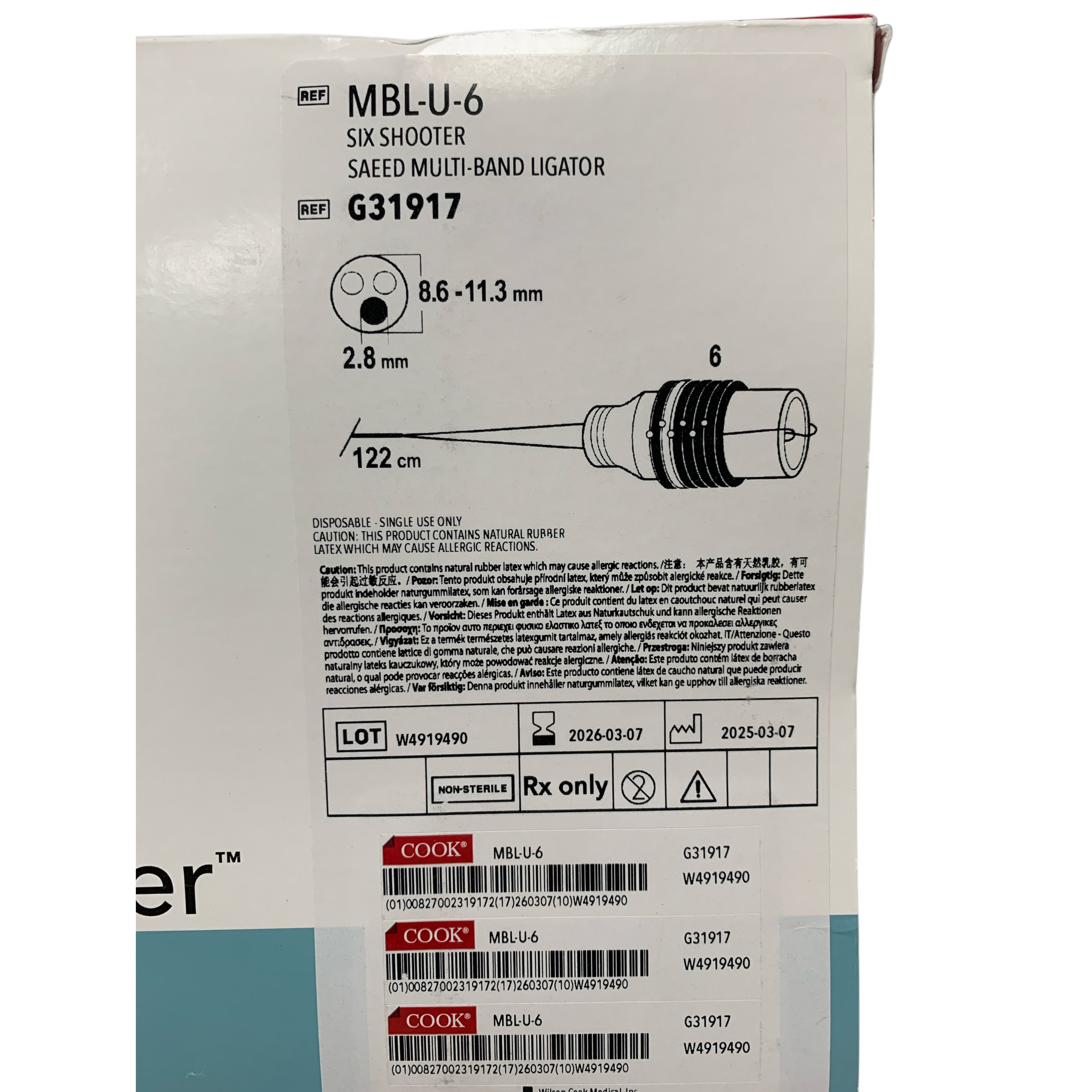 COOK MEDICAL REF MBL-U-6/ G31917 4,6,10 Shooter Saeed Multi-Band Ligator Six Shooter, Exp.2026/03