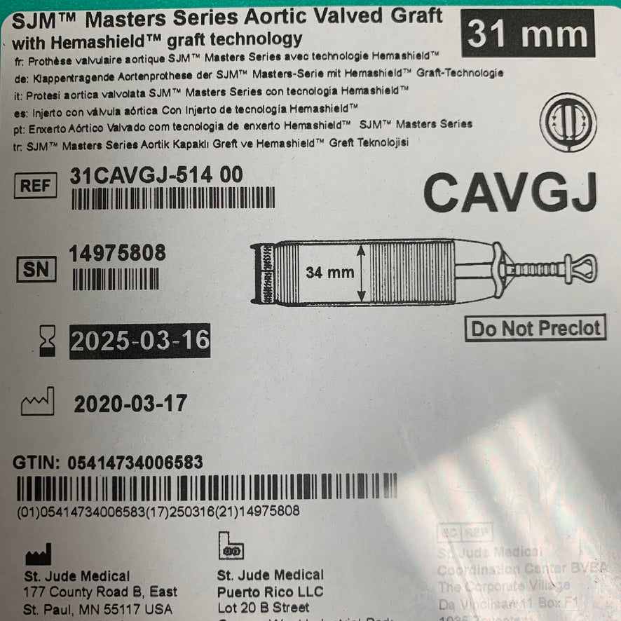 ST JUDE MEDICAL 31CAVGJ-514 00 SJM Masters Series Aortic Valved Graft 31mm EXP 2025 03