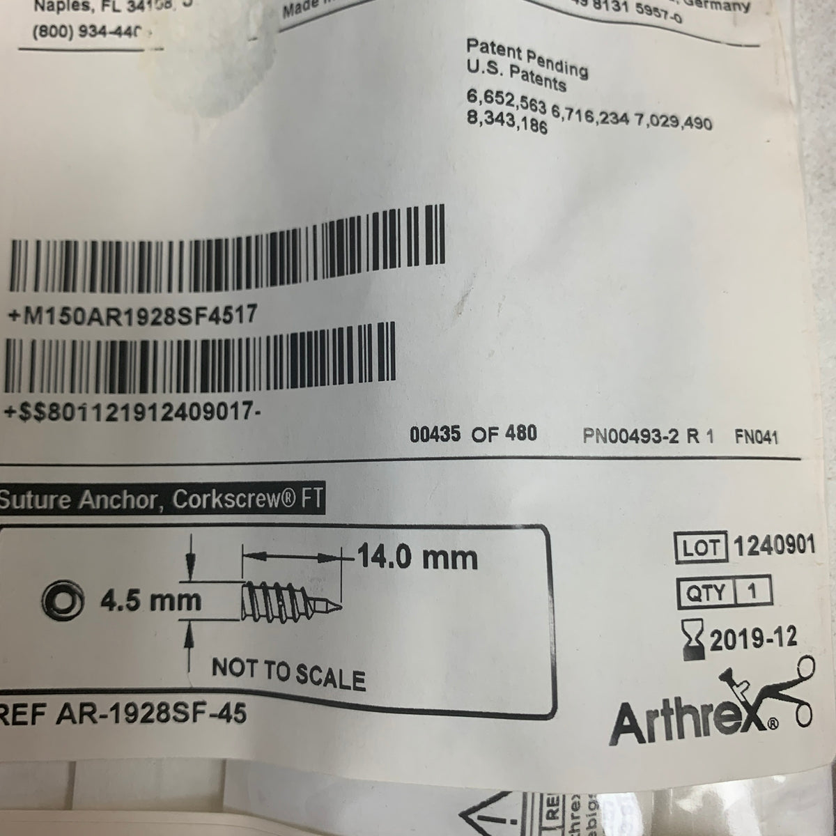 ARTHREX AR-1928SF-45 Titanium Corkscrew FT Suture Anchor 4.5x14mm EXP 2019 12