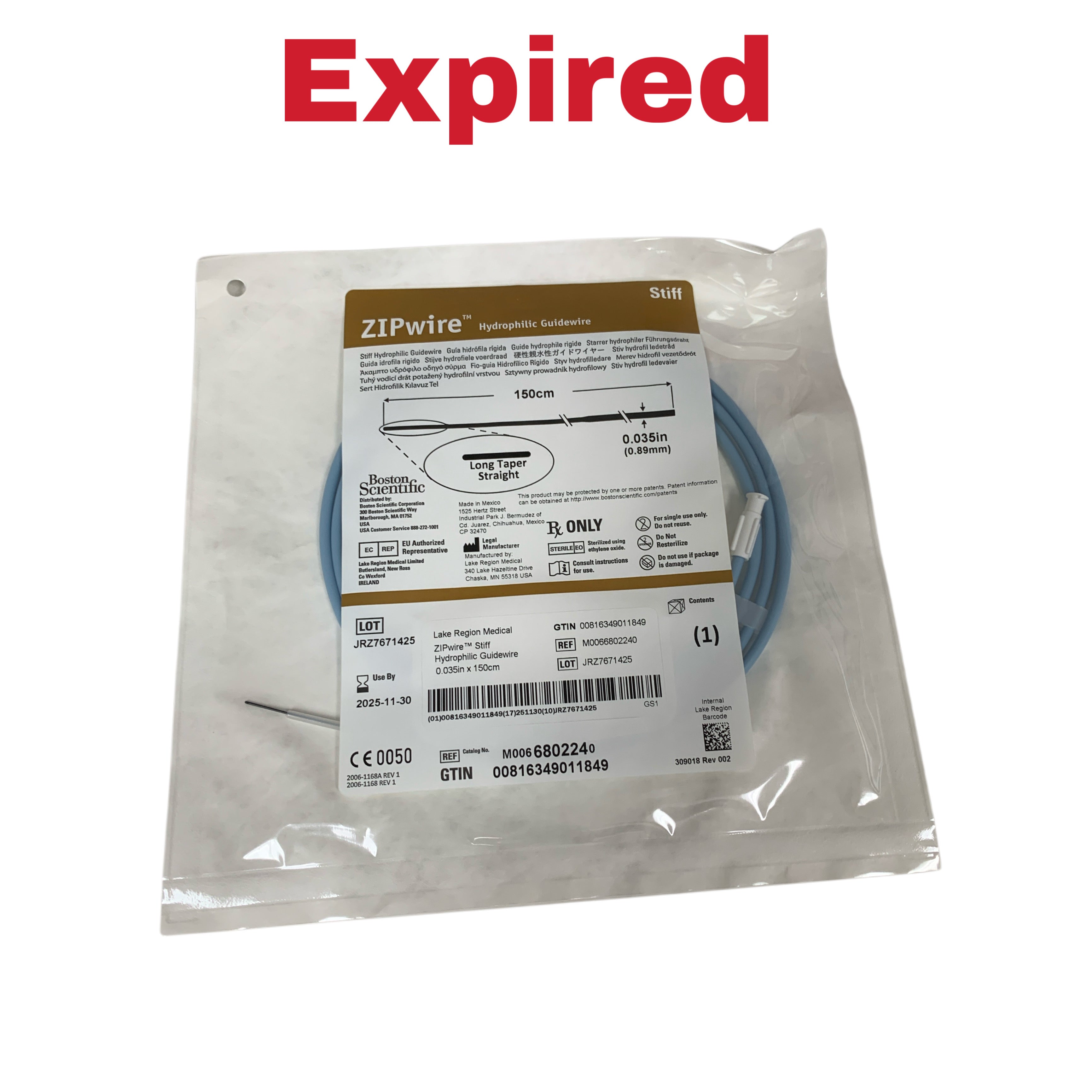 BOSTON SCIENTIFIC REF M006802240 ZIPwire Hydrophilic Guidewire 0.035in x 150cm Long Taper Straight Stiff, Exp.2025/11