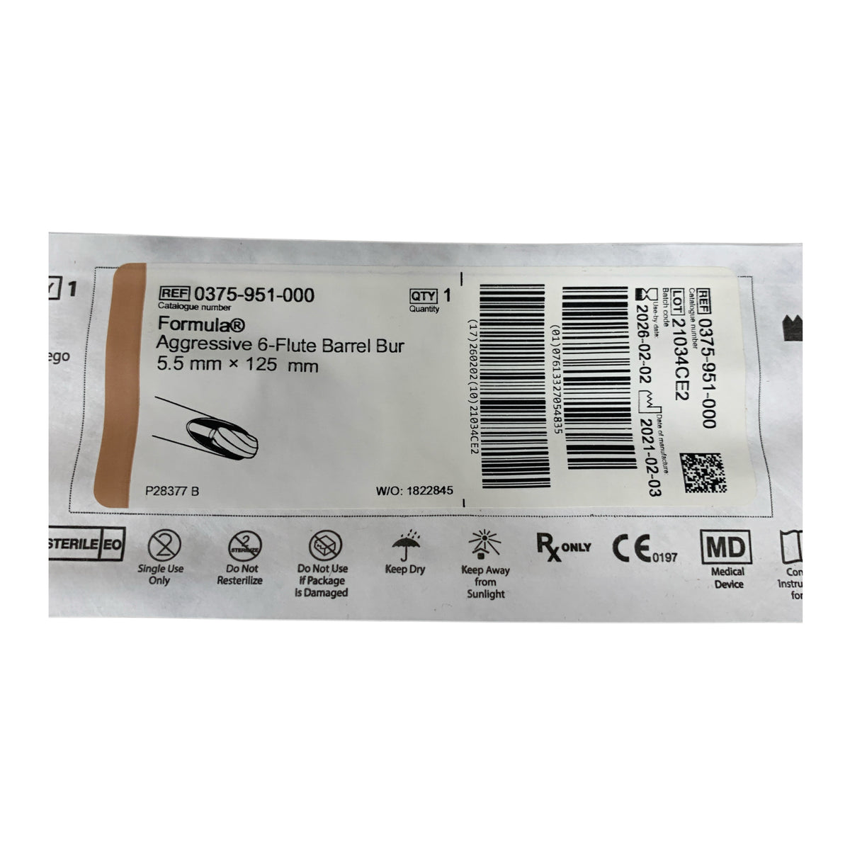STRYKER 0375-951-000 Formula Aggressive 6-Flute Barrel Bur 5.5mm x 125mm EXP 2026 02