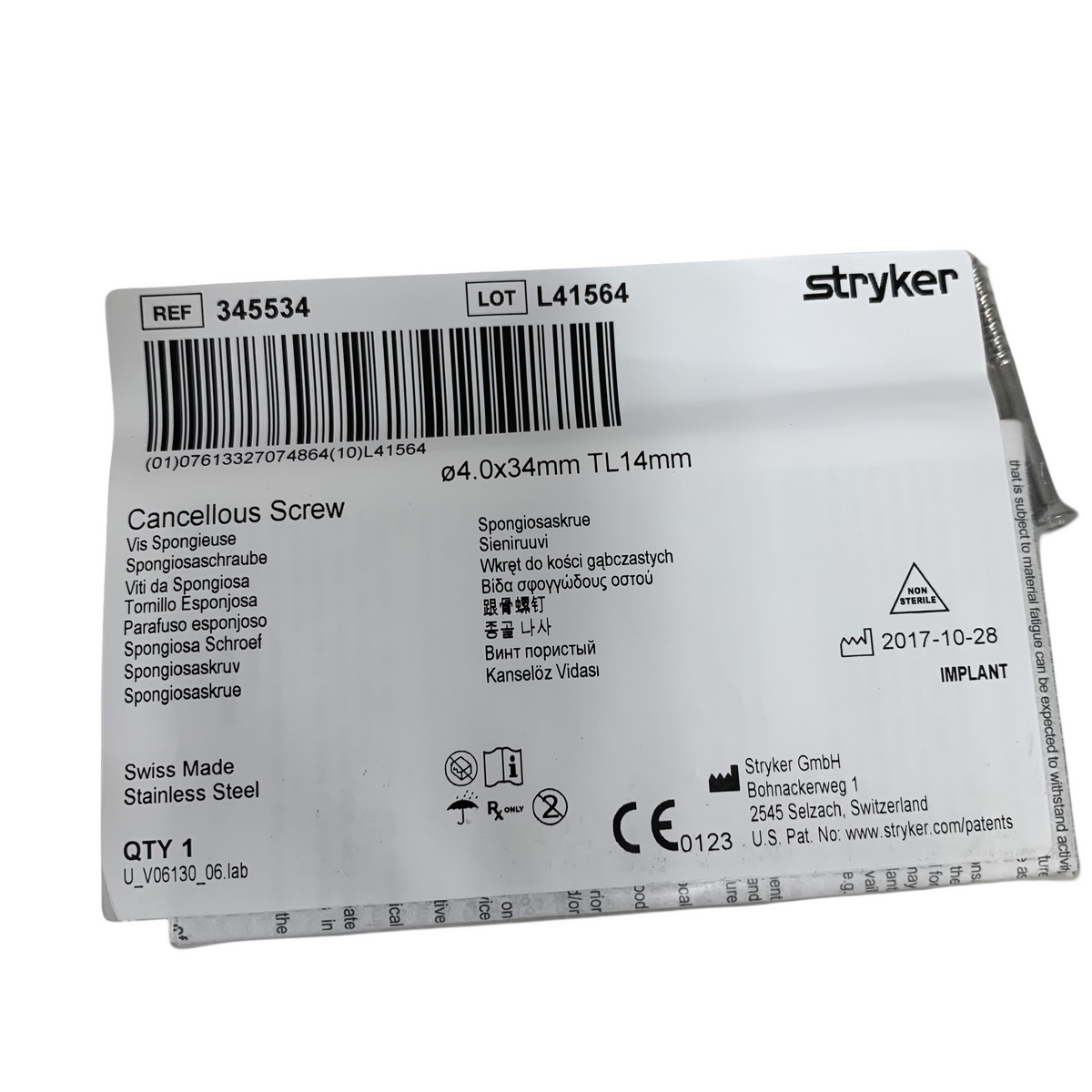 STRYKER 345534 Cancellous Screw 4.0x34mm TL14mm