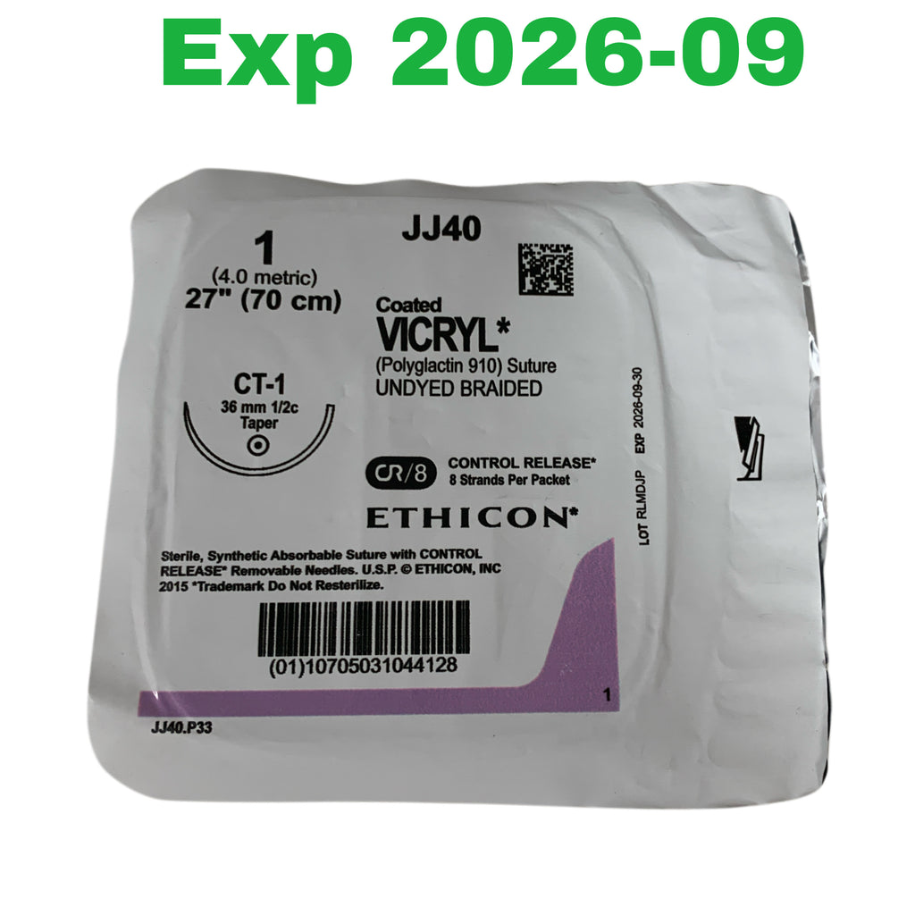 ETHICON REF JJ40G Coated VICRYL Absorbable Suture 1 (4.0 Metric) 27" 70cm CT-1 Needle, Exp.2026/09