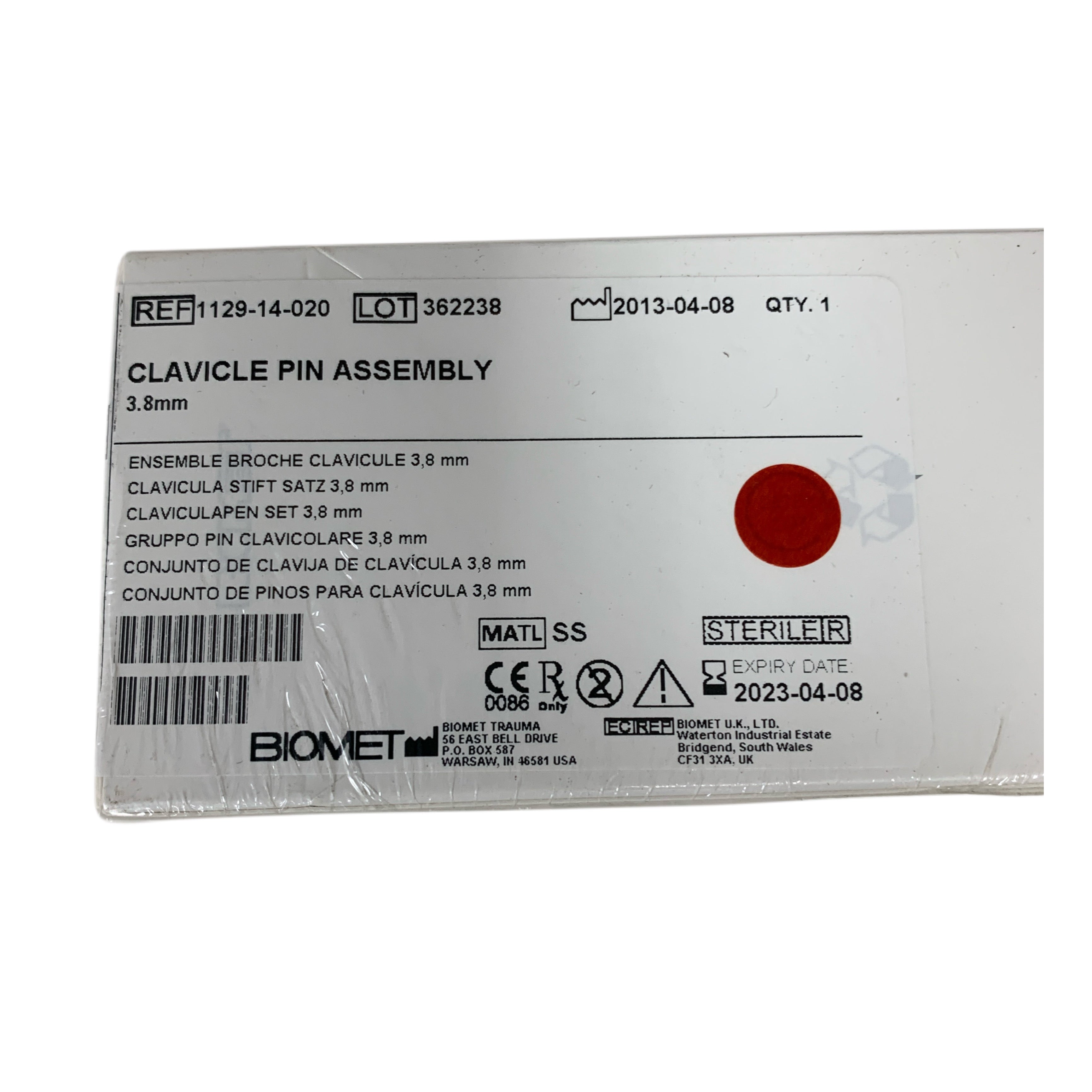 BIOMET 1129-14-020 CLAVICLE PIN ASSEMBLY 3.8mm Exp 2023 04