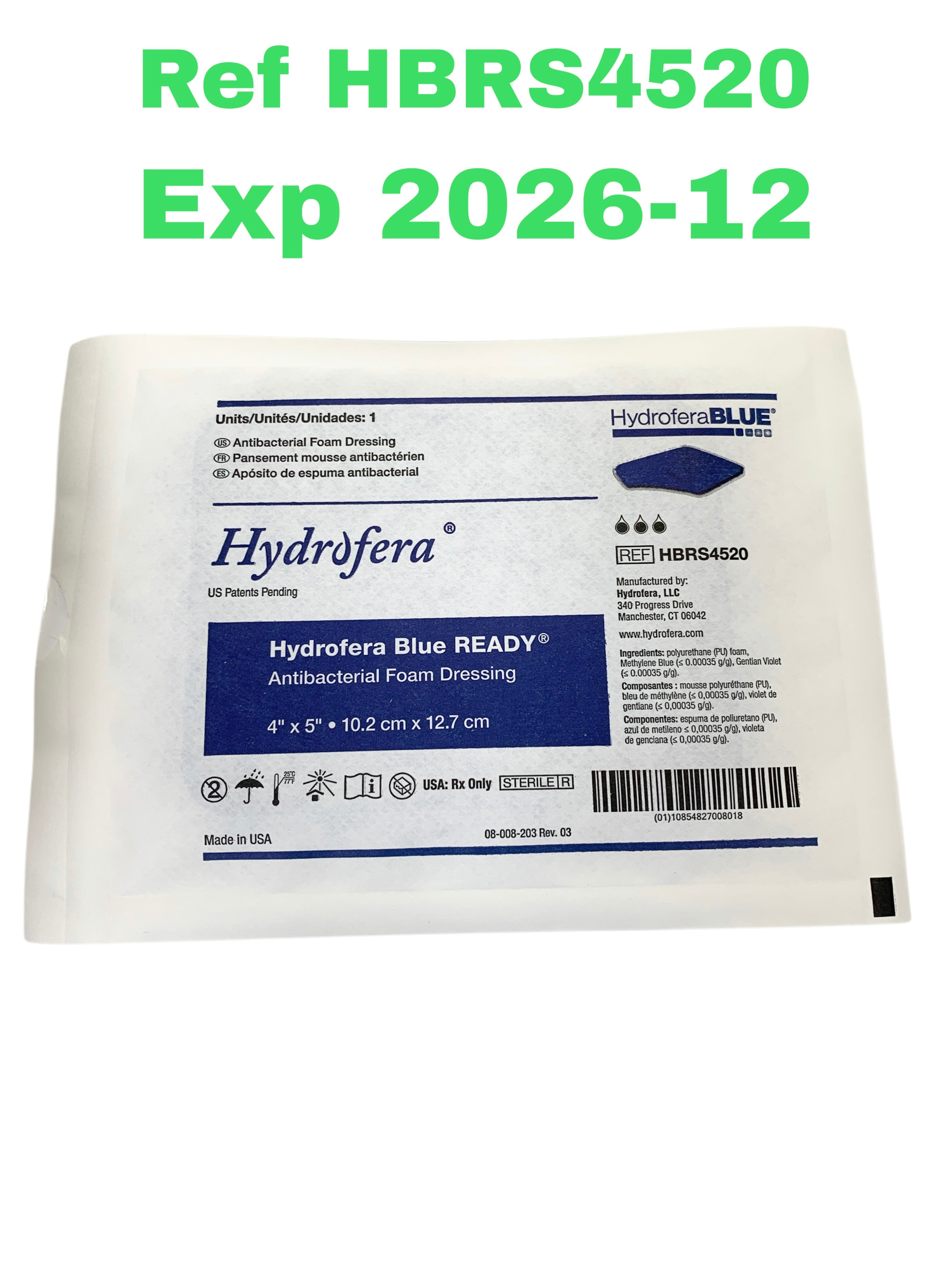 HYDROFERA LLC REF HBRS4520 Hydrofera Blue READY Antibacterial Foam Dressing 4" x 5", Exp.2026/12