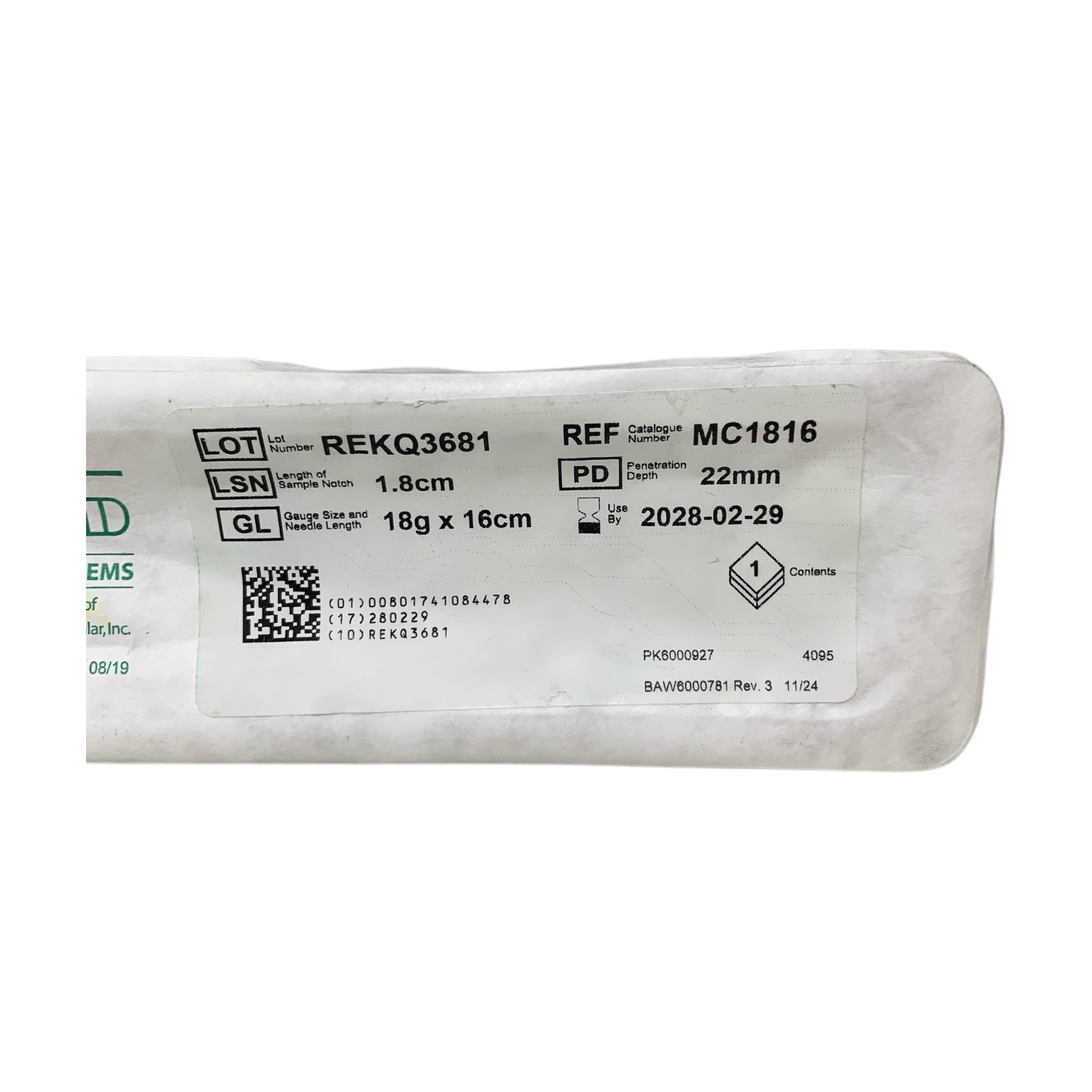 BARD MC1816 Max Core Disposable Biopsy Instrument 18g x 16cm Exp 2028 02