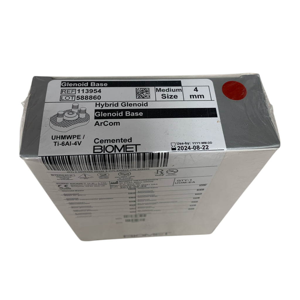 BIOMET REF 113954 Hybrid Glenoid Base Medium Size 4mm ArCom Cemented UHMWPE / Ti-6AI-4V Exp 2024 08