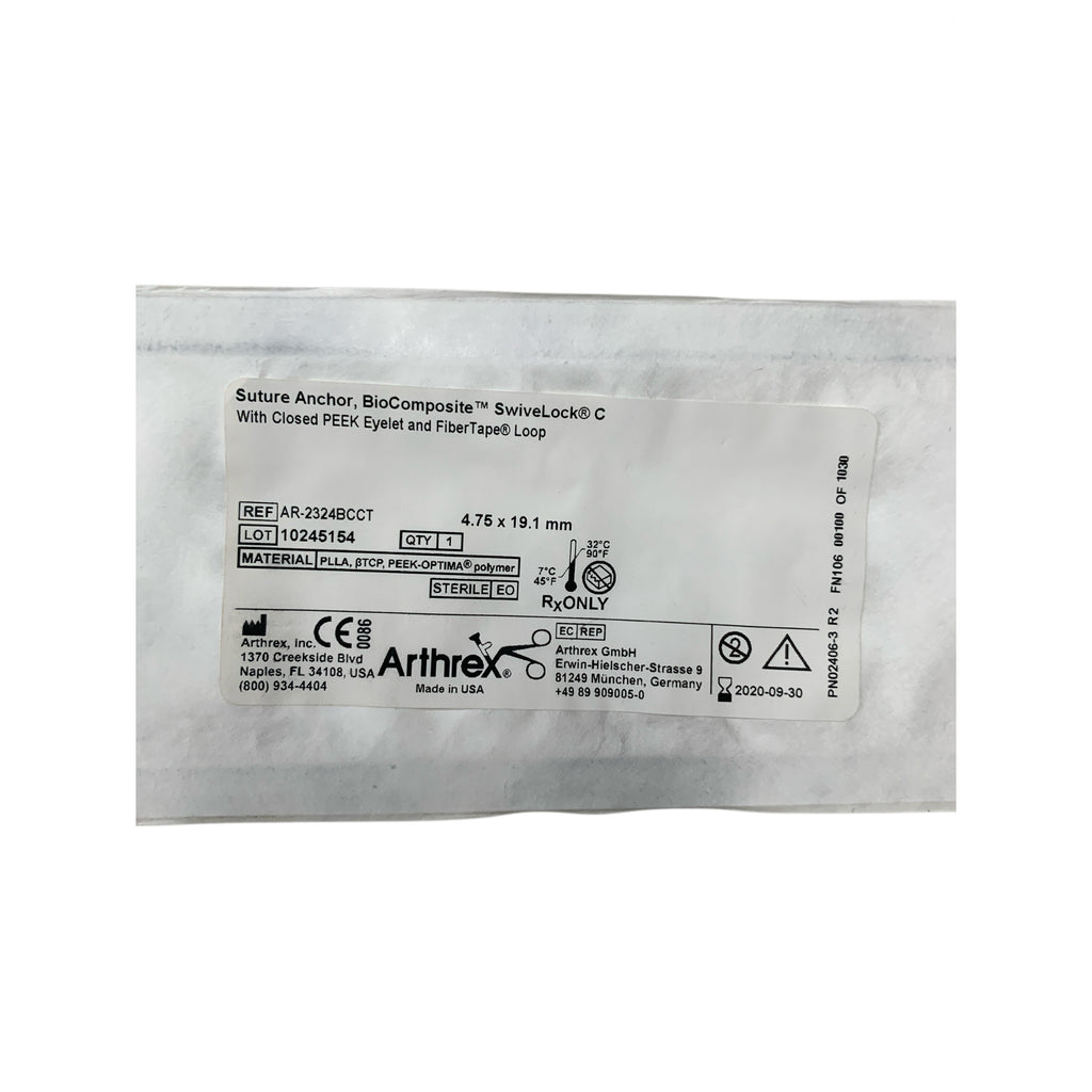 ARTHREX AR-2324BCCT Suture Anchor BioComposite SwiveLock C With Closed PEEK Eyelet and FiberTape Loop 4.75 x 19.1 mm Exp 2020 09