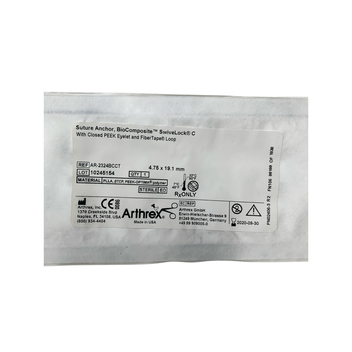 ARTHREX AR-2324BCCT Suture Anchor BioComposite SwiveLock C With Closed PEEK Eyelet and FiberTape Loop 4.75 x 19.1 mm Exp 2020 09
