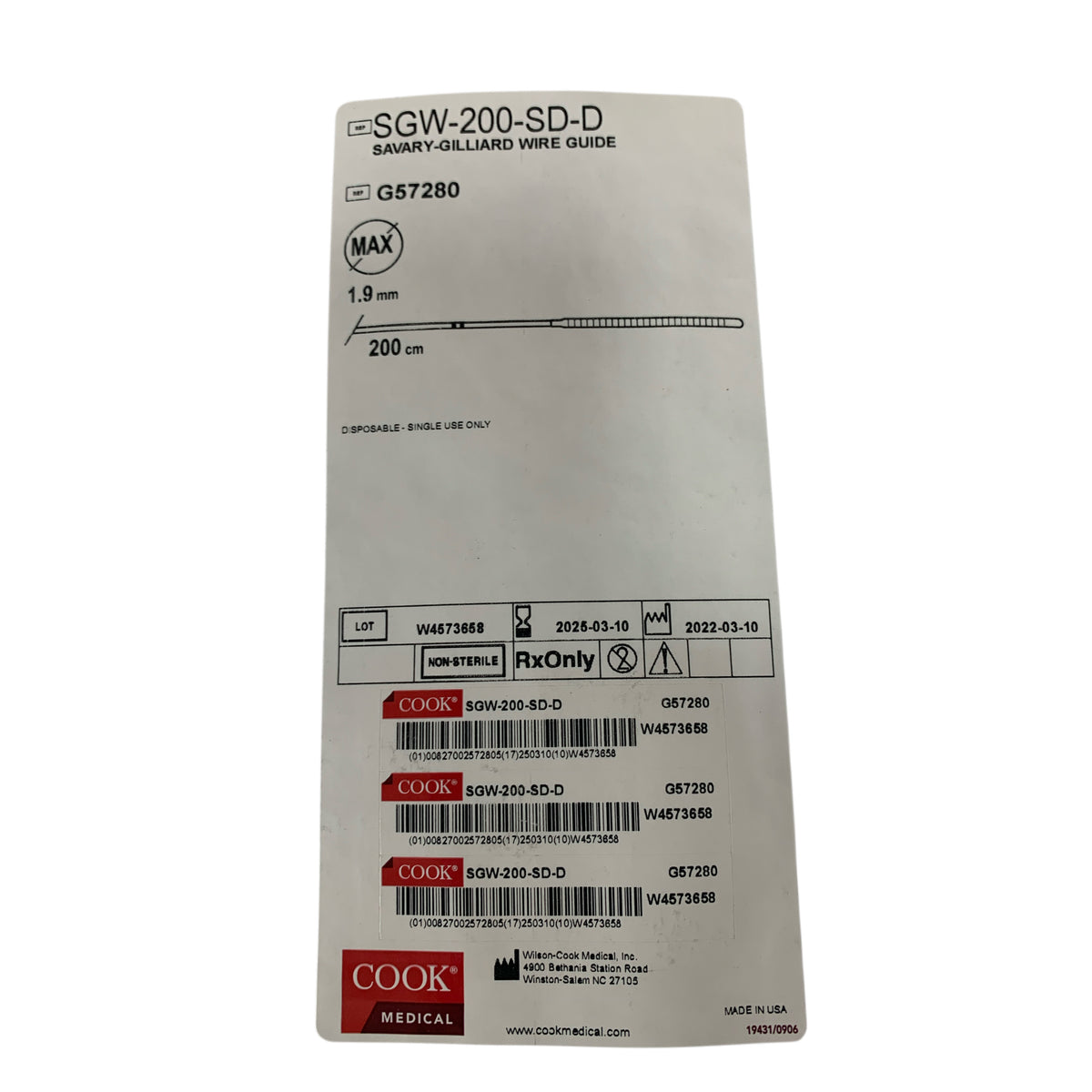 COOK MEDICAL G57280 / SGW-200-SD-D Savary-Gilliard Wire Guide MAX 1.9 mm 200 cm EXP 2025 03