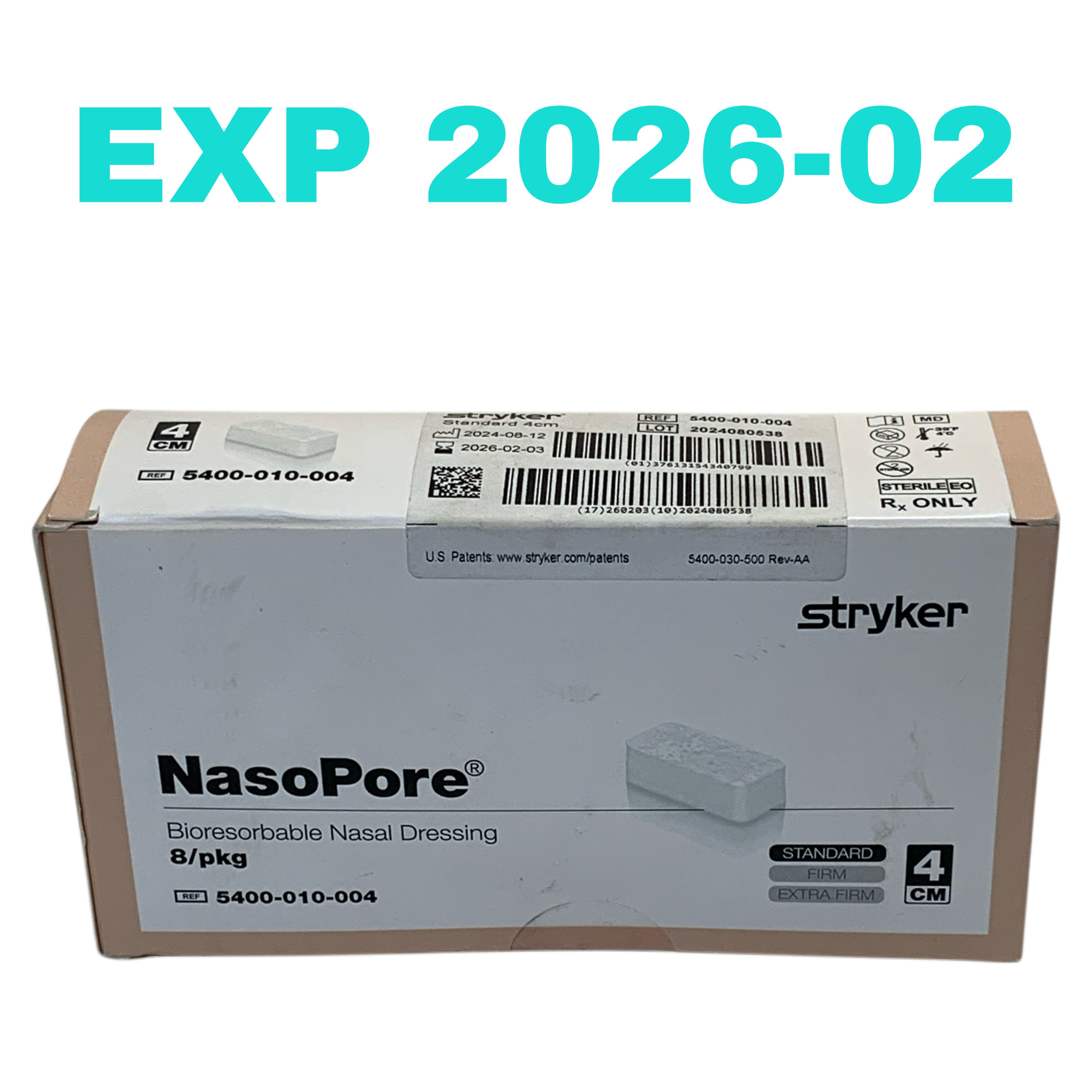 STRYKER REF 5400-010-004 NasoPore Bioresorbable Nasal Dressing 4cm Box of 8, Exp.2026/02