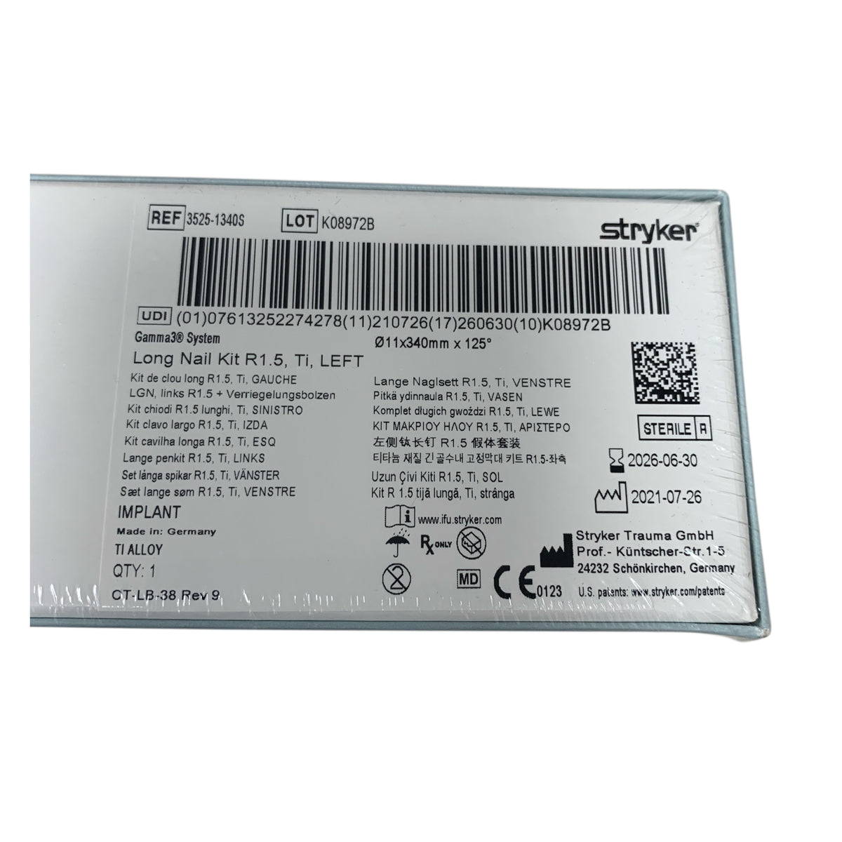 Stryker 3525-1340S Gamma3 System Long Nail Kit R1.5 Ti LEFT 11x340mm x 125 Exp 2026 06